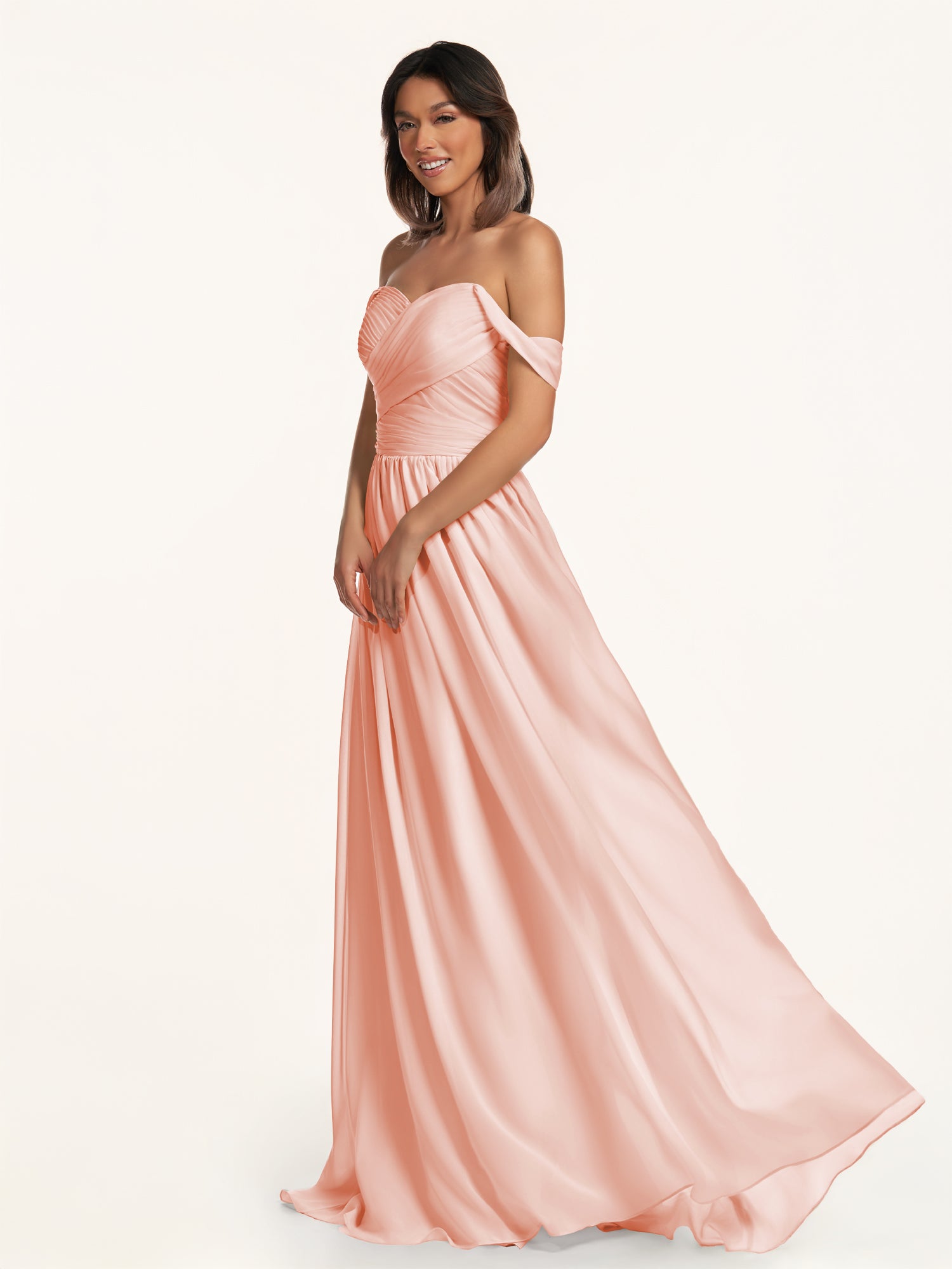 KissDress-Lia Rose Petal A Line Chiffon Off the Shoulder Long Bridesmaid Dress with Pleats