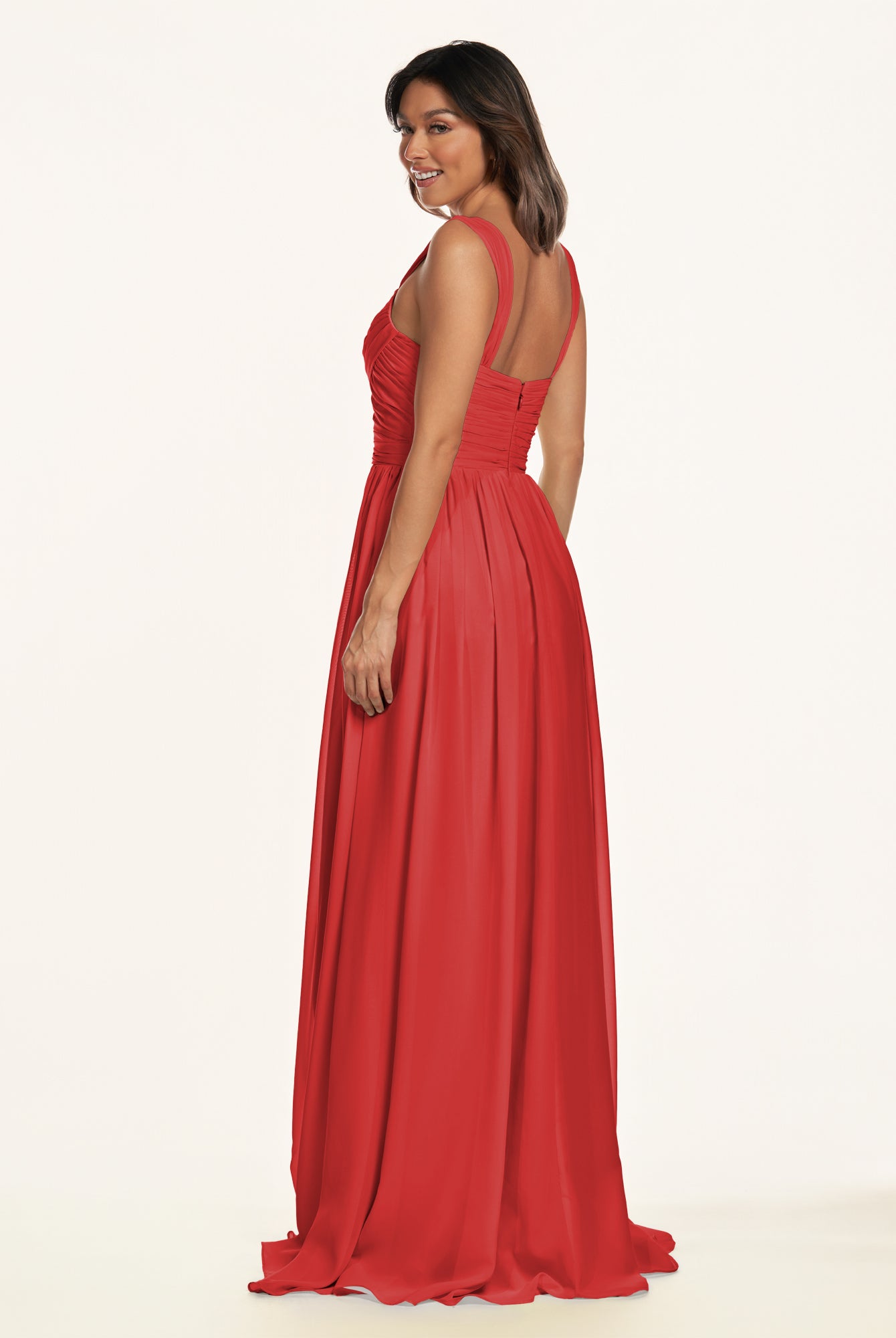 KissDress-Lia Ruby Red A Line Chiffon Off the Shoulder Long Bridesmaid Dress with Pleats
