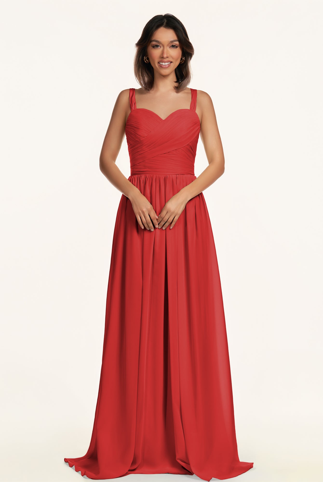 KissDress-Lia Ruby Red A Line Chiffon Off the Shoulder Long Bridesmaid Dress with Pleats