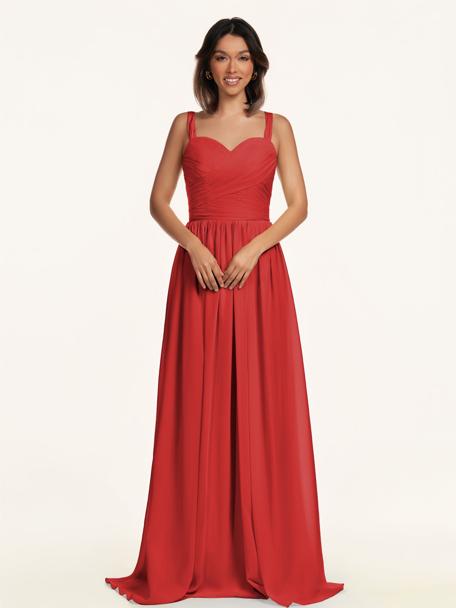 KissDress-Lia Ruby Red A Line Chiffon Off the Shoulder Long Bridesmaid Dress with Pleats