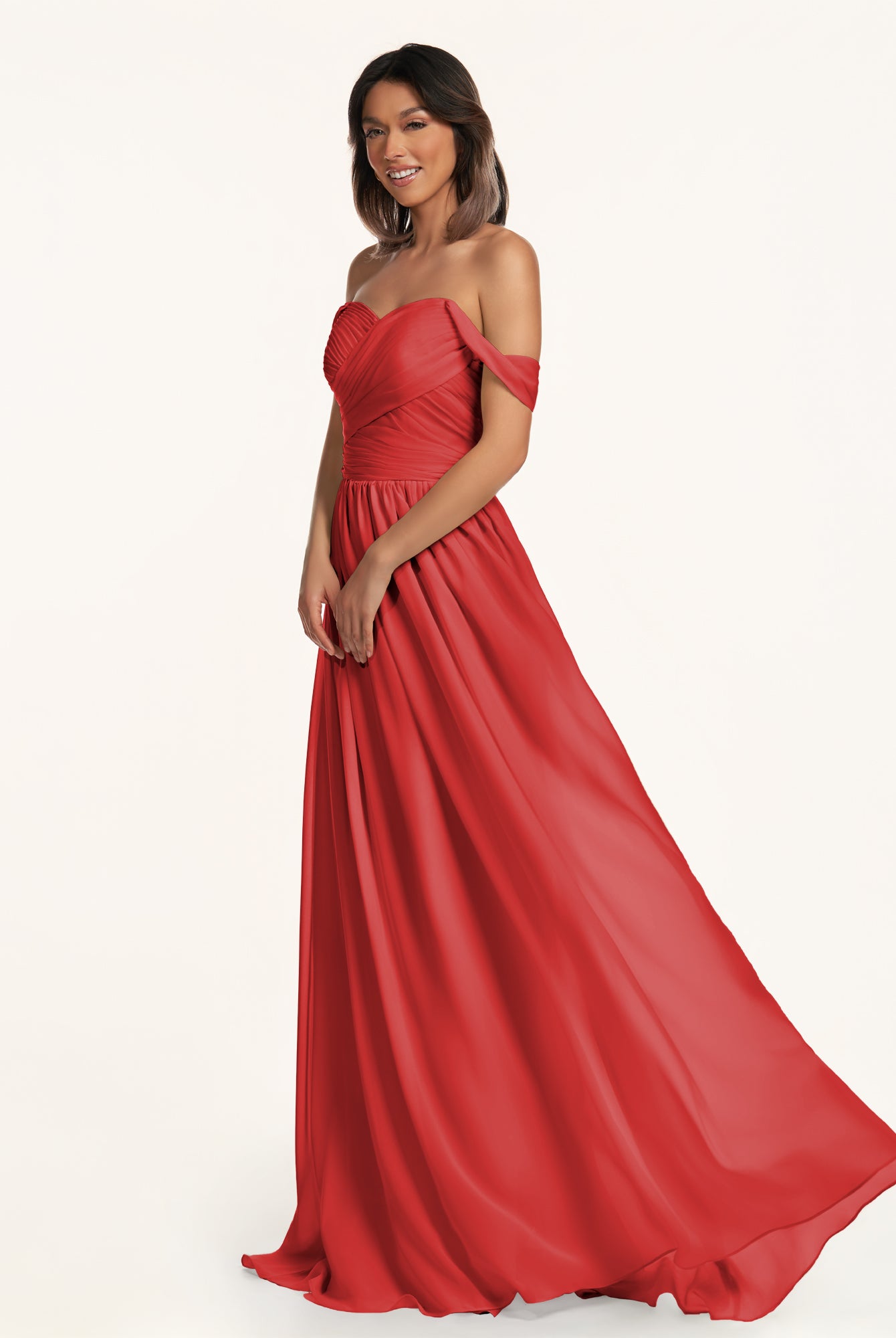 KissDress-Lia Ruby Red A Line Chiffon Off the Shoulder Long Bridesmaid Dress with Pleats
