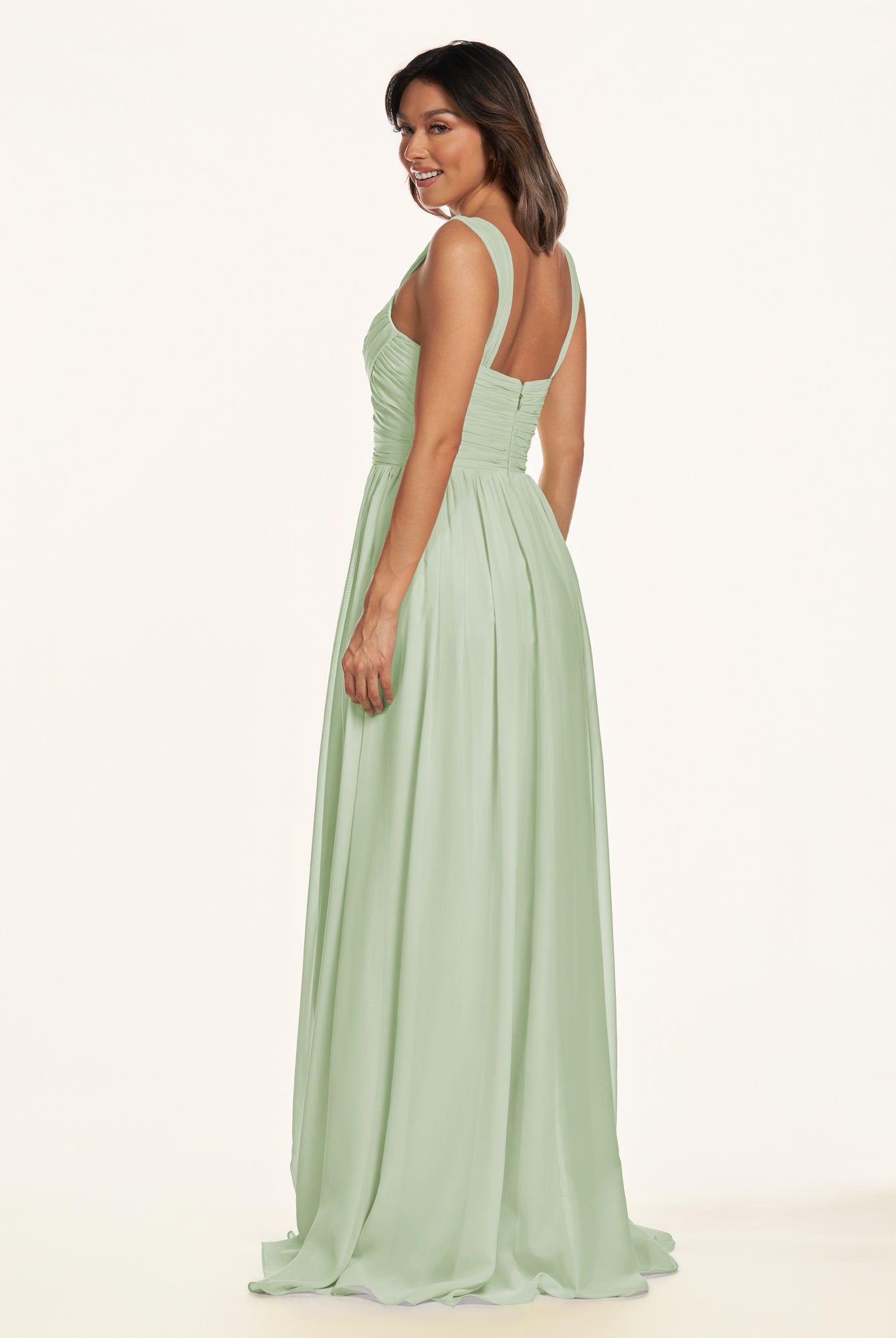 KissDress-Lia Sage A Line Chiffon Off the Shoulder Long Bridesmaid Dress with Pleats