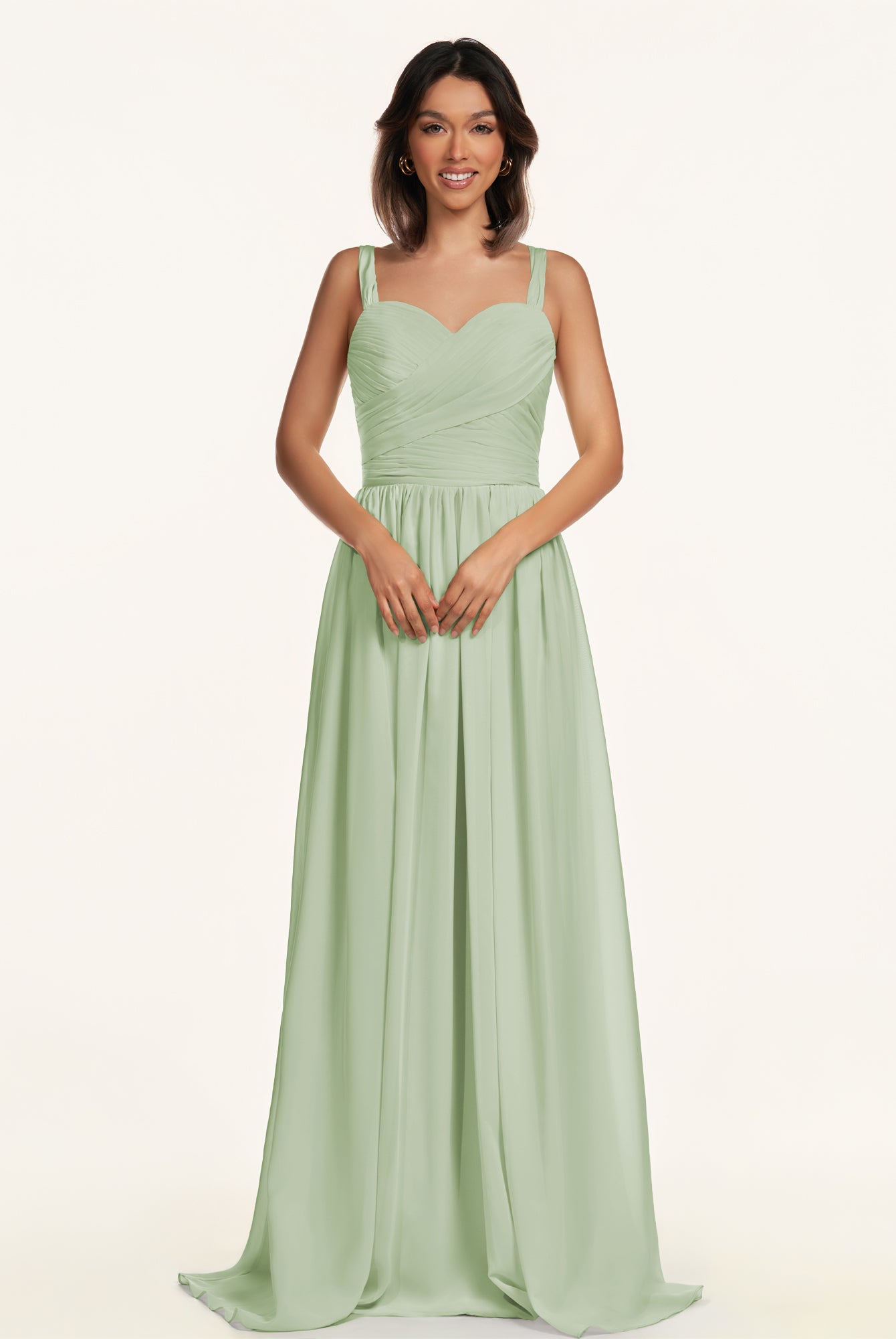 KissDress-Lia Sage A Line Chiffon Off the Shoulder Long Bridesmaid Dress with Pleats
