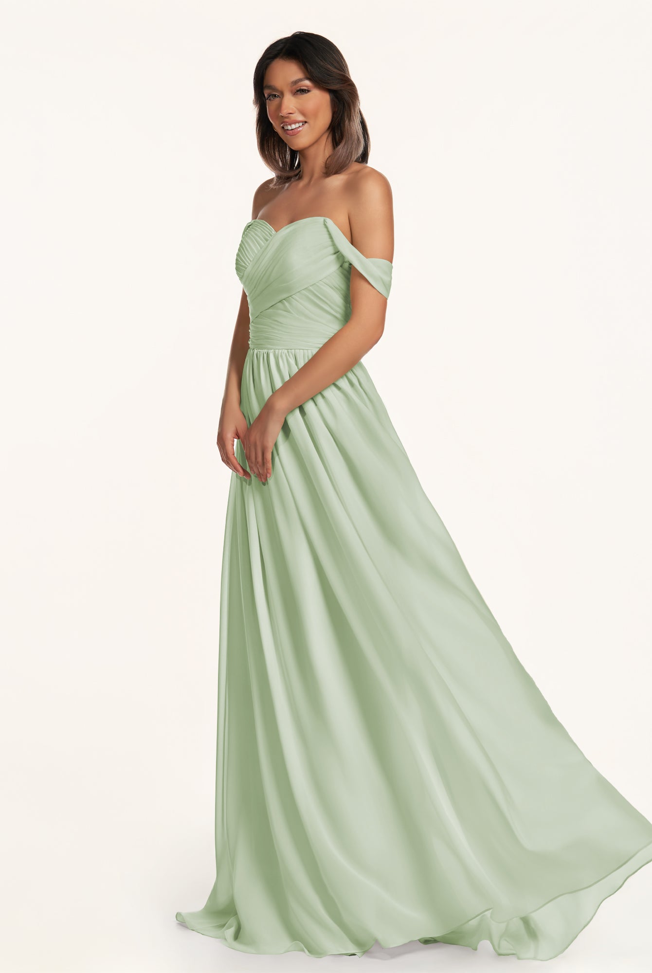 KissDress-Lia Sage A Line Chiffon Off the Shoulder Long Bridesmaid Dress with Pleats