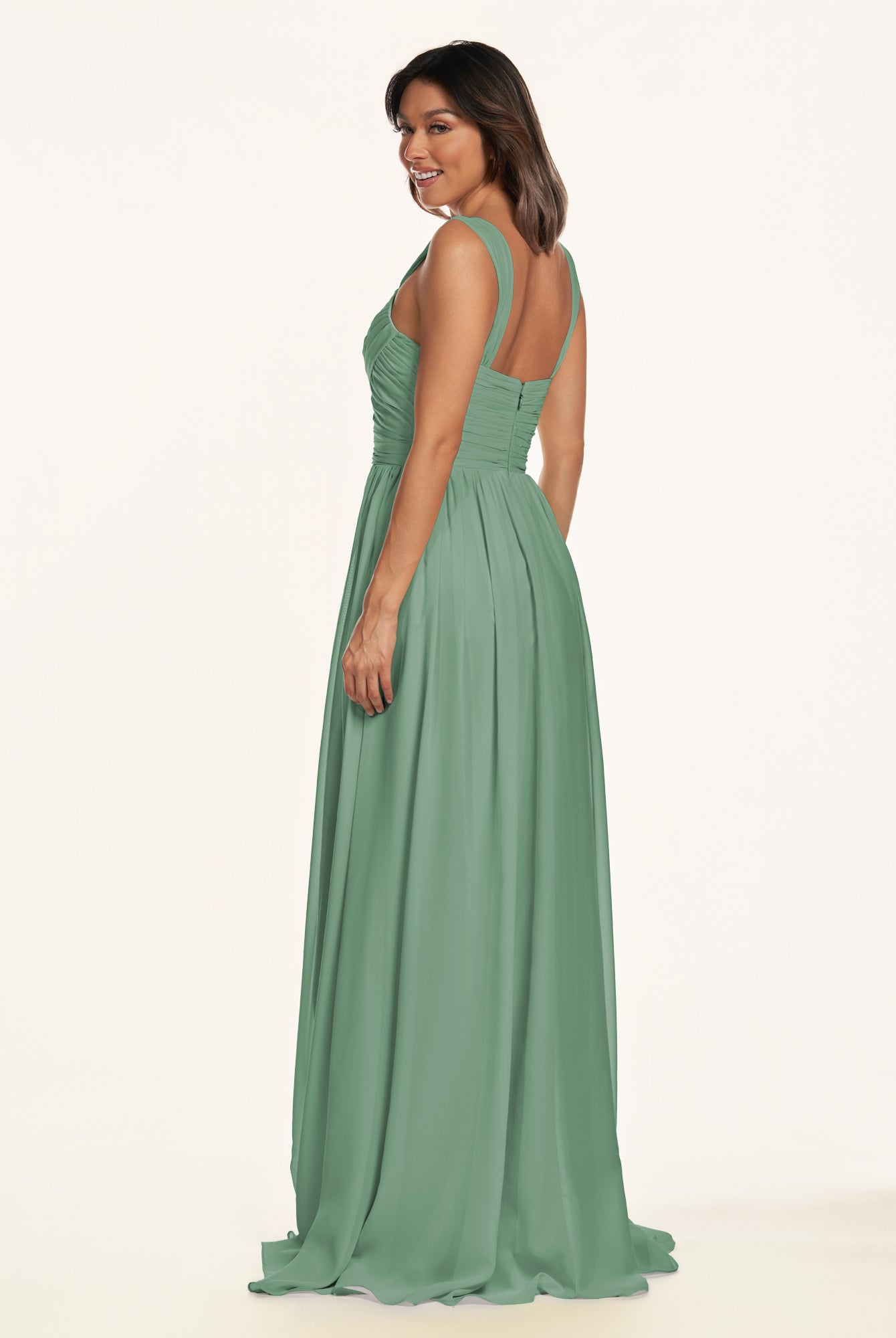 KissDress-Lia Sea Glass A Line Chiffon Off the Shoulder Long Bridesmaid Dress with Pleats