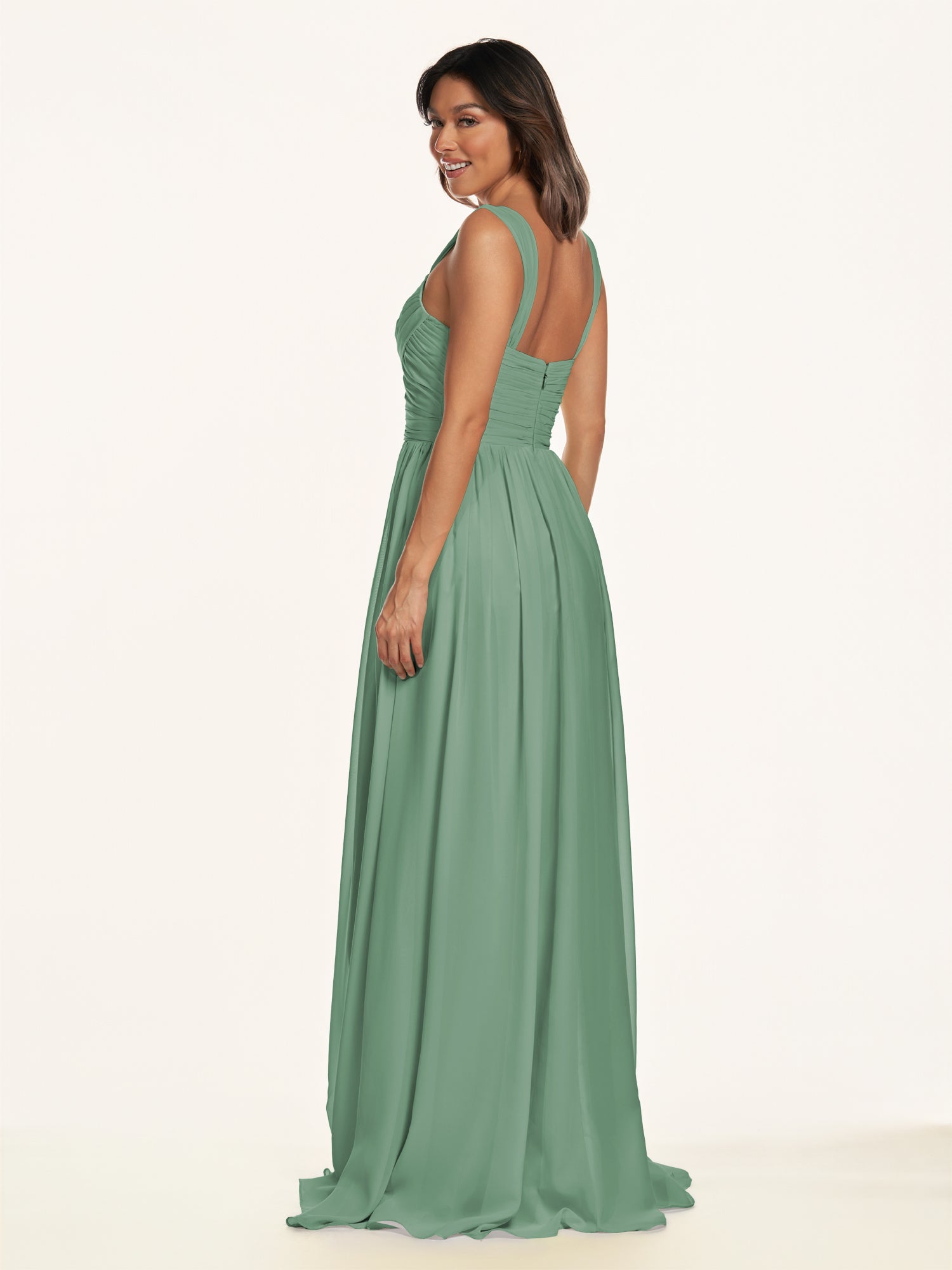 KissDress-Lia Sea Glass A Line Chiffon Off the Shoulder Long Bridesmaid Dress with Pleats