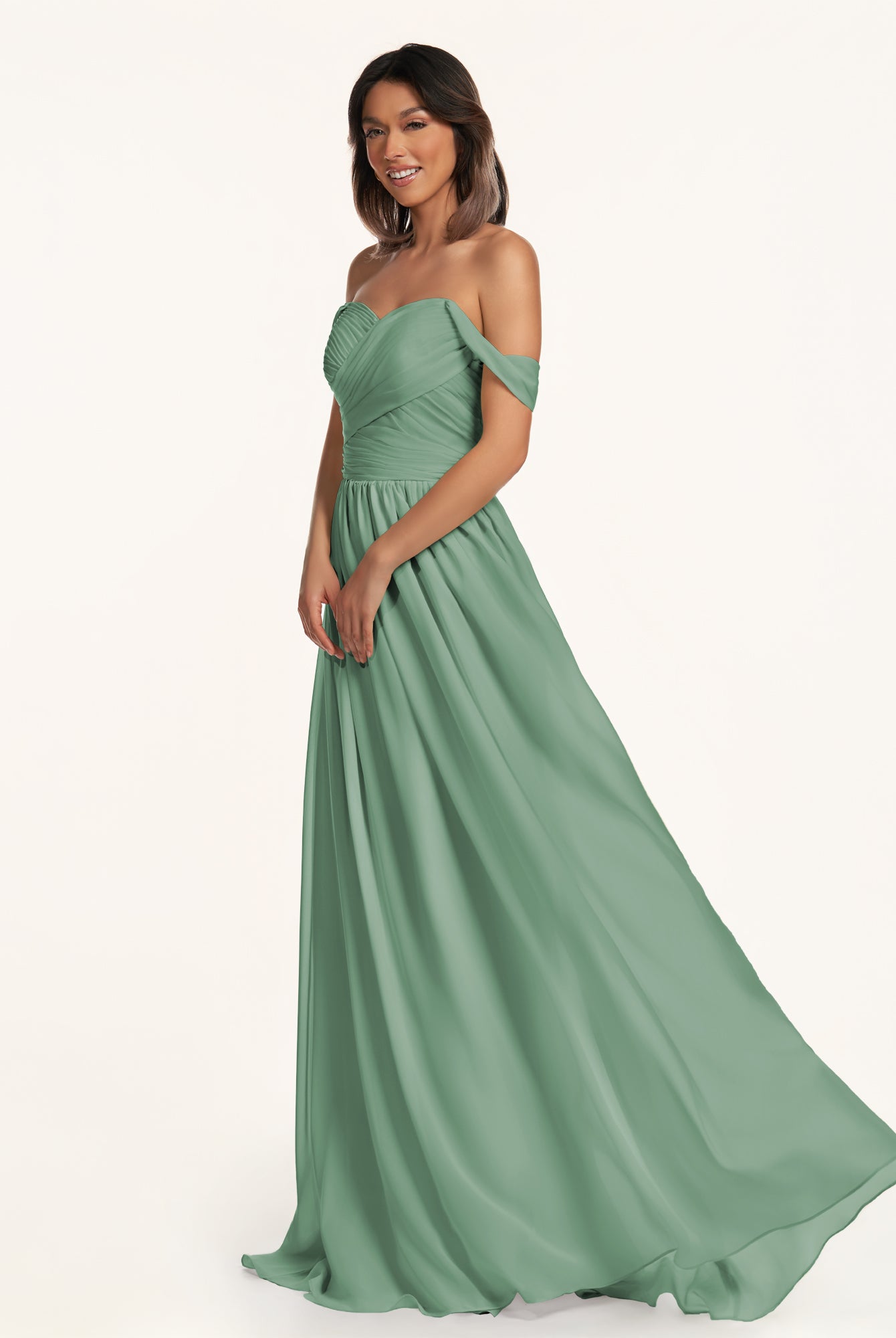 KissDress-Lia Sea Glass A Line Chiffon Off the Shoulder Long Bridesmaid Dress with Pleats