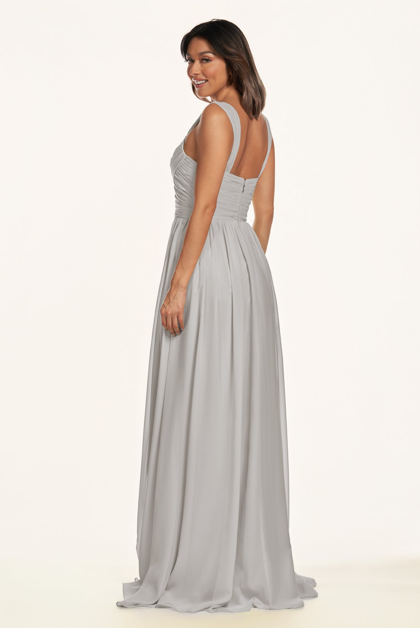 KissDress-Lia Silver A Line Chiffon Off the Shoulder Long Bridesmaid Dress with Pleats