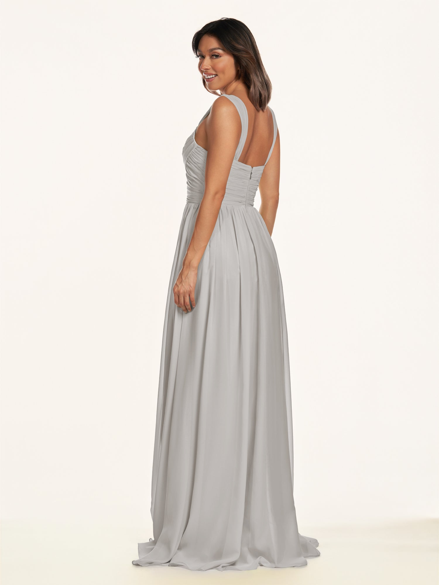 KissDress-Lia Silver A Line Chiffon Off the Shoulder Long Bridesmaid Dress with Pleats