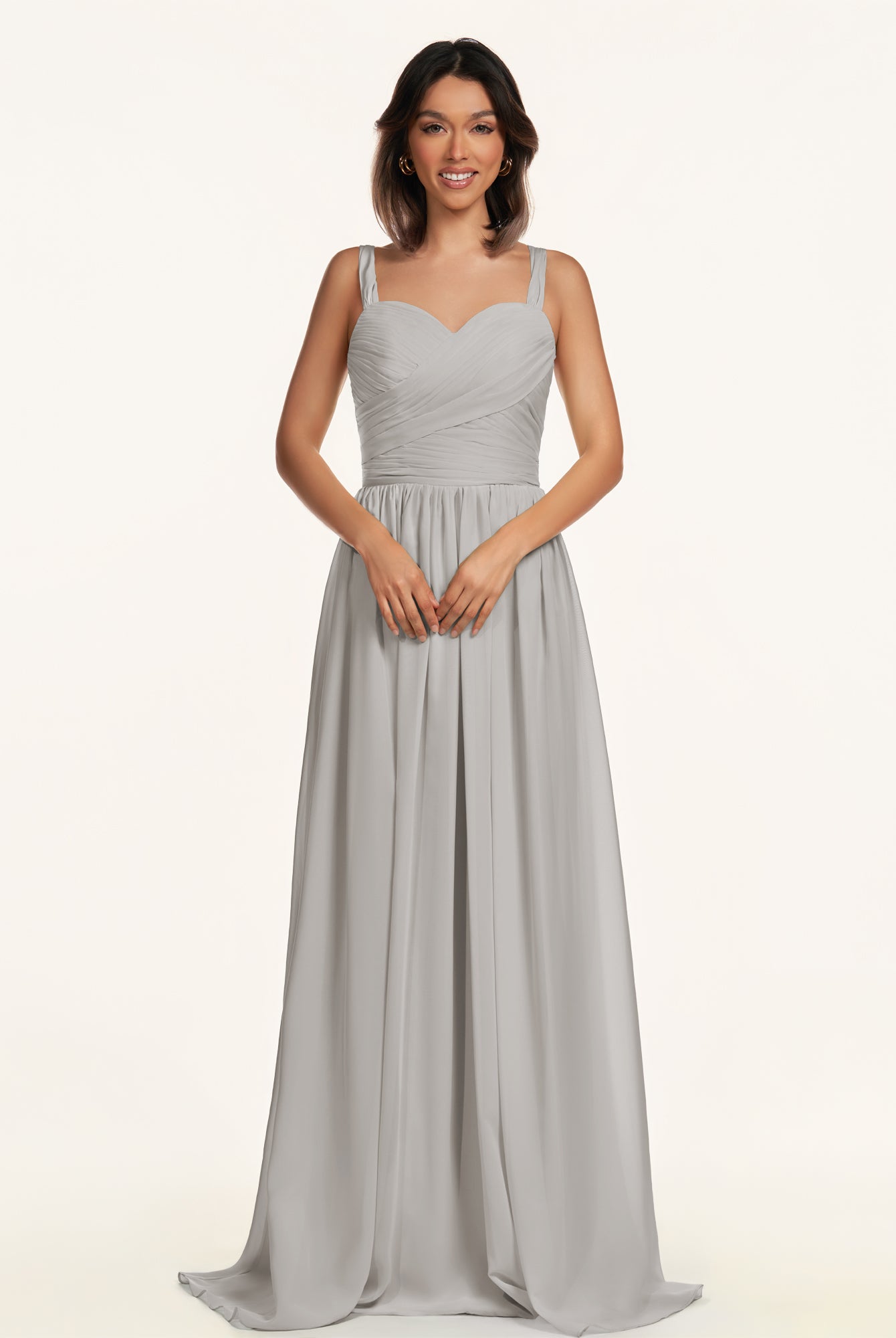 KissDress-Lia Silver A Line Chiffon Off the Shoulder Long Bridesmaid Dress with Pleats