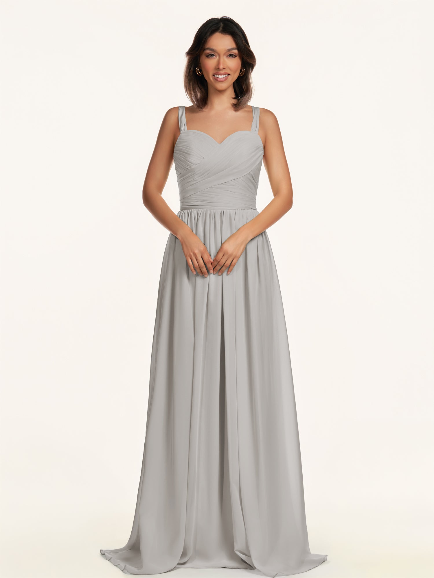 KissDress-Lia Silver A Line Chiffon Off the Shoulder Long Bridesmaid Dress with Pleats