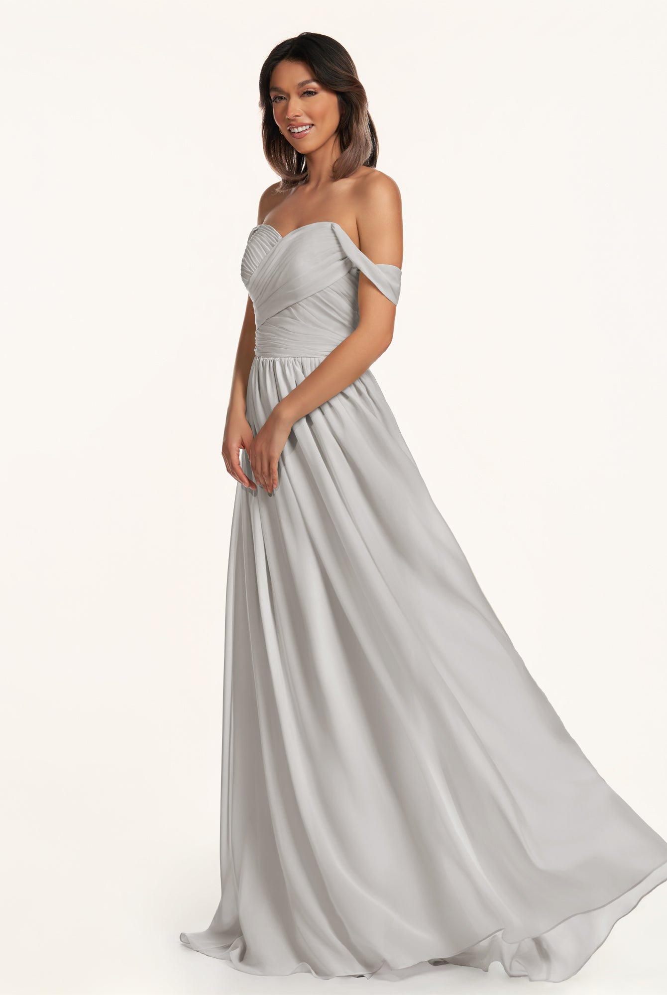 KissDress-Lia Silver A Line Chiffon Off the Shoulder Long Bridesmaid Dress with Pleats