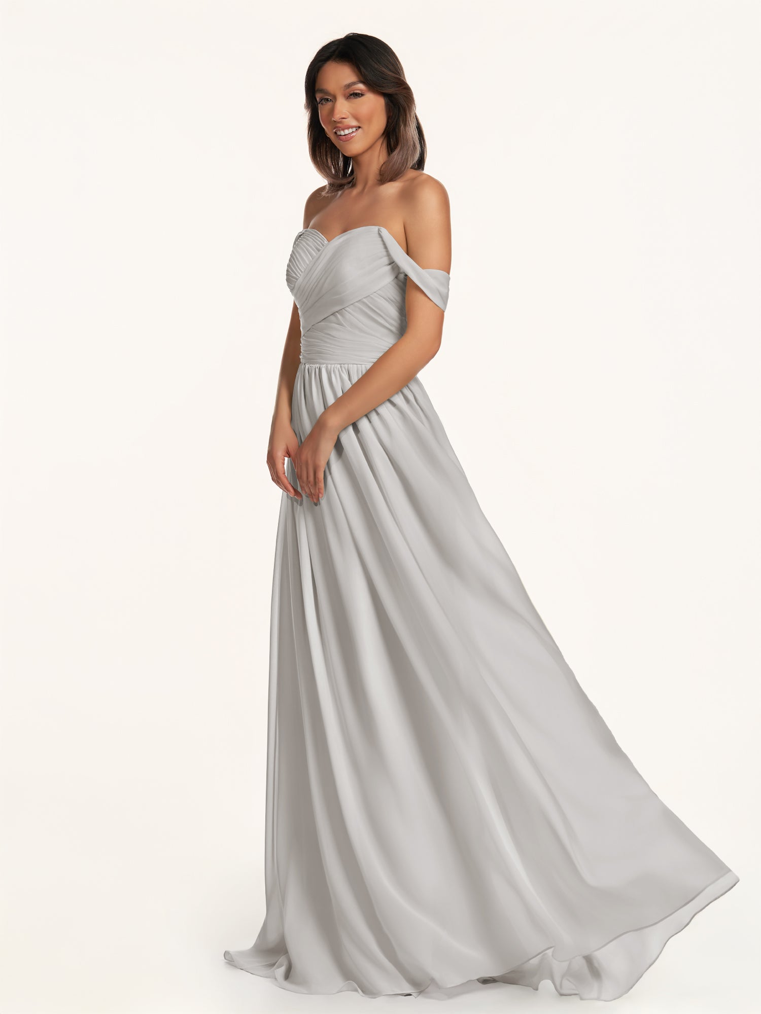 KissDress-Lia Silver A Line Chiffon Off the Shoulder Long Bridesmaid Dress with Pleats