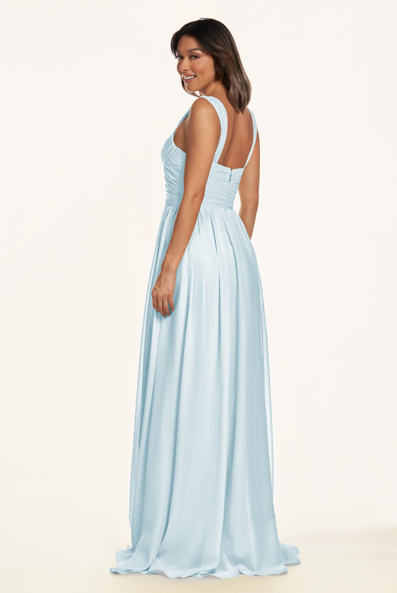 KissDress-Lia Sky Blue A Line Chiffon Off the Shoulder Long Bridesmaid Dress with Pleats