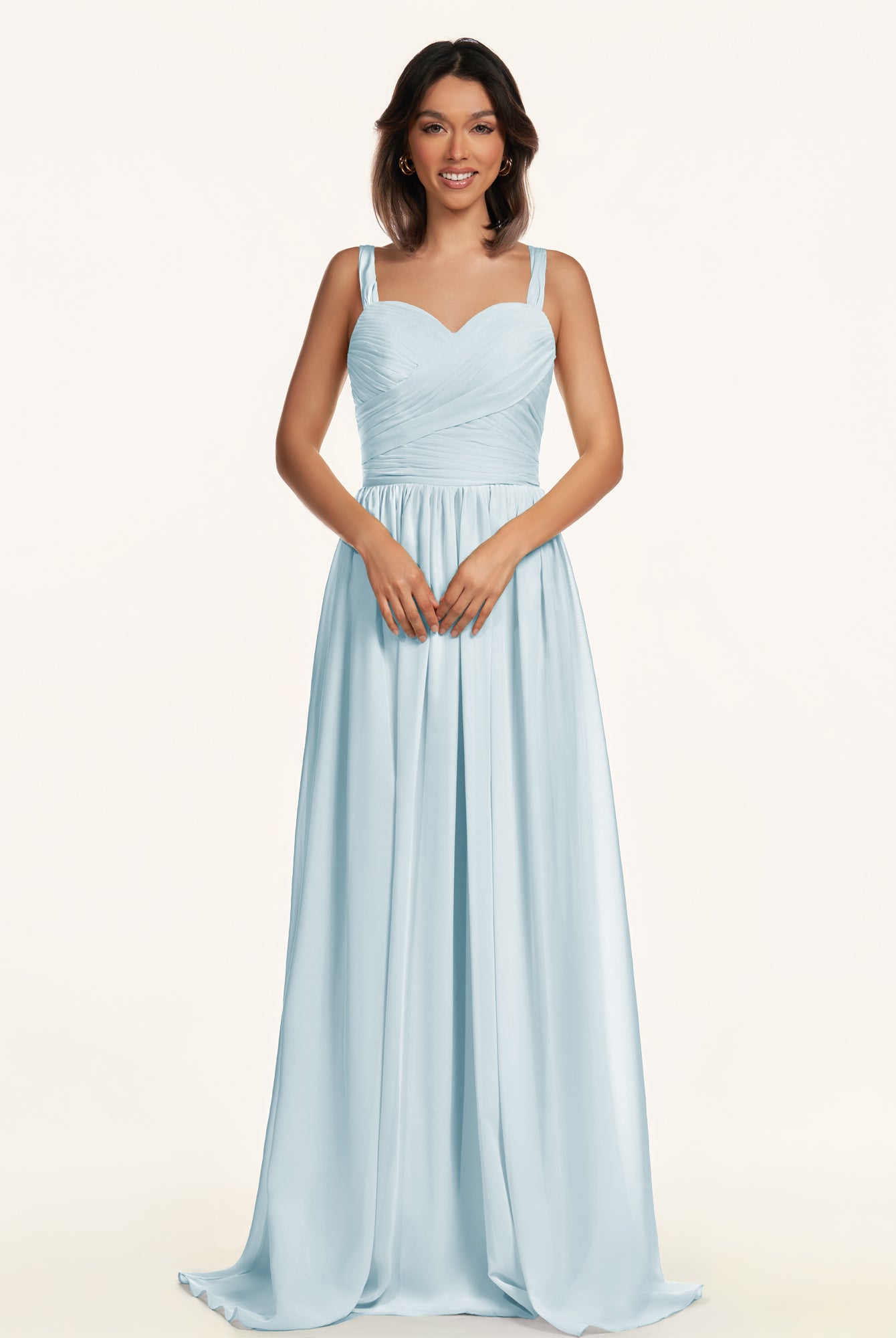 KissDress-Lia Sky Blue A Line Chiffon Off the Shoulder Long Bridesmaid Dress with Pleats