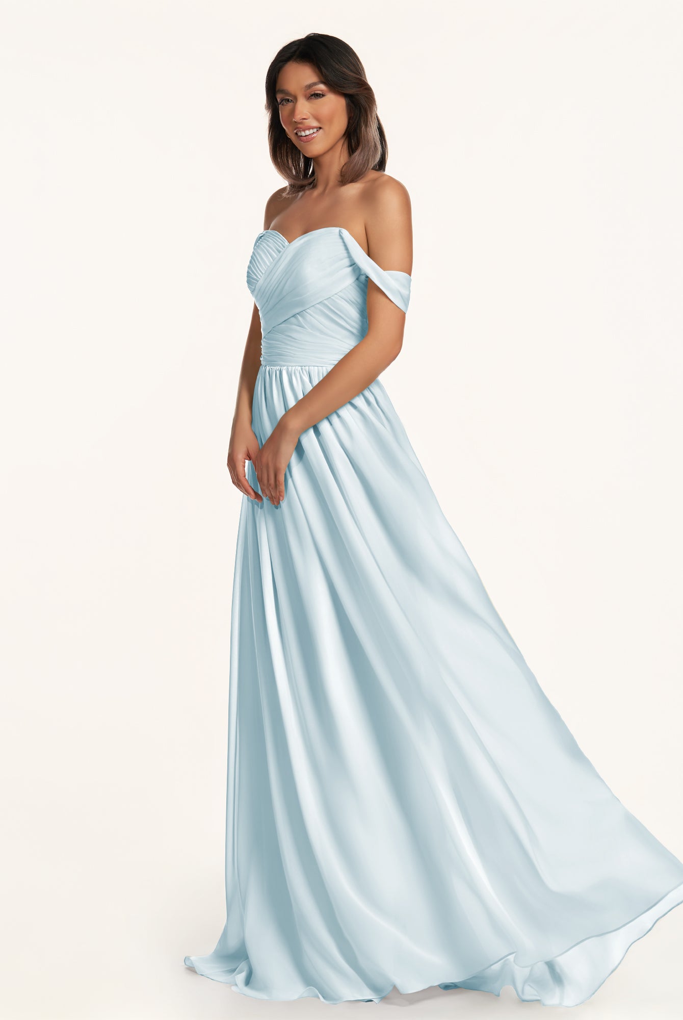 KissDress-Lia Sky Blue A Line Chiffon Off the Shoulder Long Bridesmaid Dress with Pleats