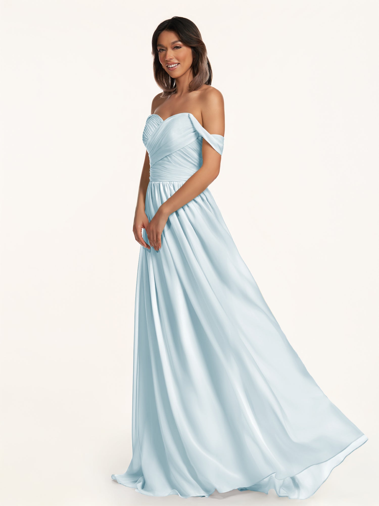 KissDress-Lia Sky Blue A Line Chiffon Off the Shoulder Long Bridesmaid Dress with Pleats