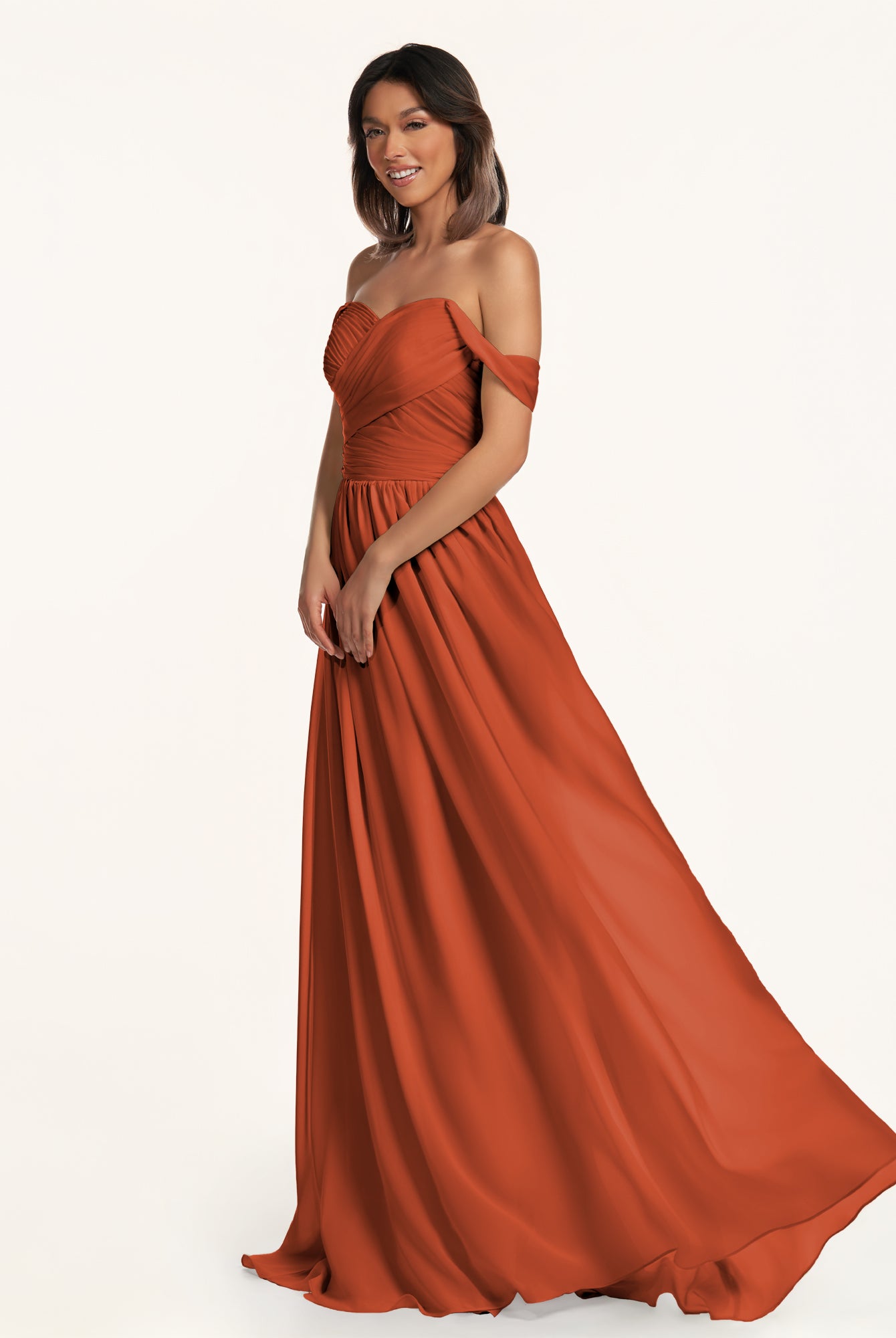 KissDress-Lia Spice A Line Chiffon Off the Shoulder Long Bridesmaid Dress with Pleats