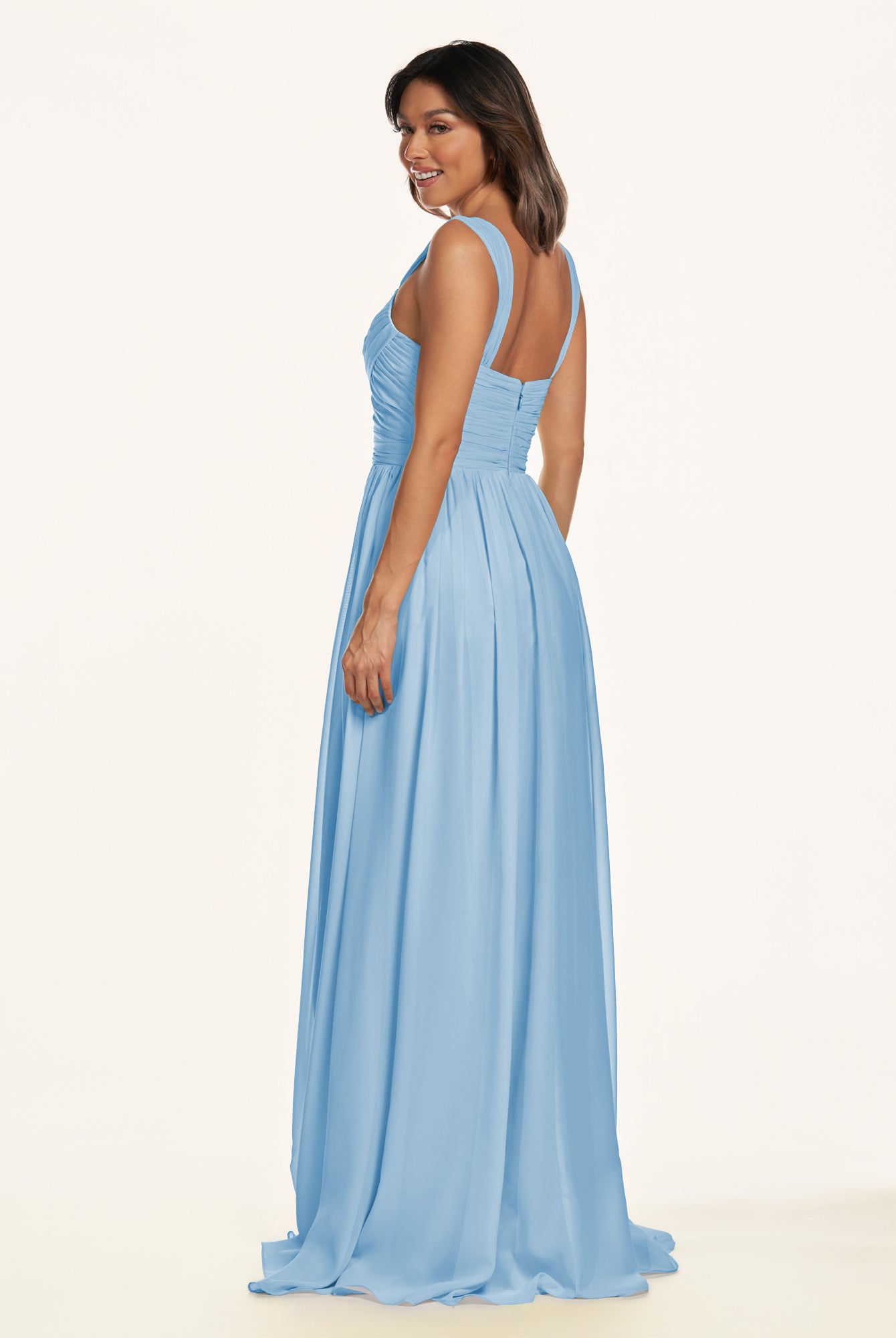 KissDress-Lia Steel Blue A Line Chiffon Off the Shoulder Long Bridesmaid Dress with Pleats