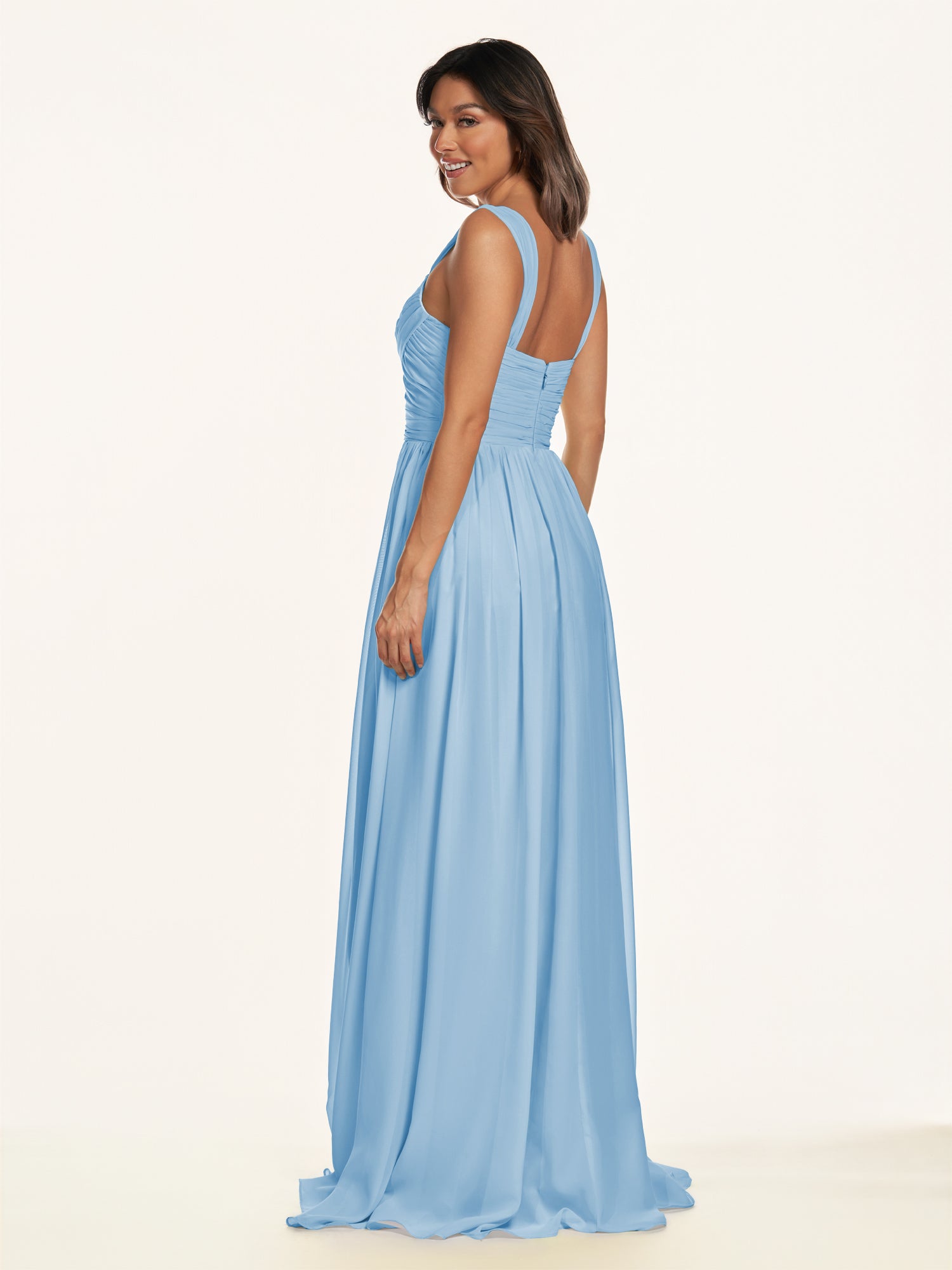 KissDress-Lia Steel Blue A Line Chiffon Off the Shoulder Long Bridesmaid Dress with Pleats