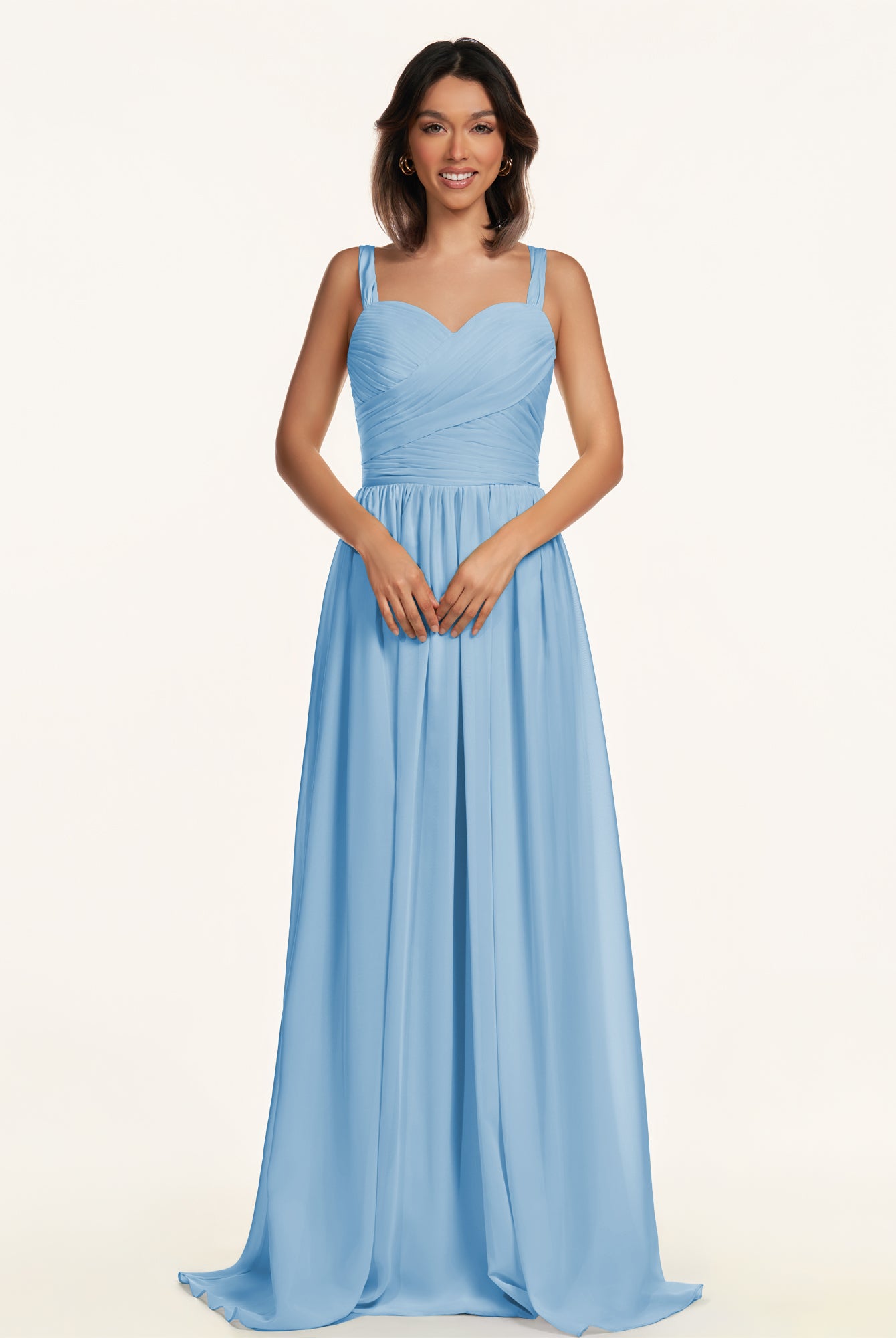 KissDress-Lia Steel Blue A Line Chiffon Off the Shoulder Long Bridesmaid Dress with Pleats