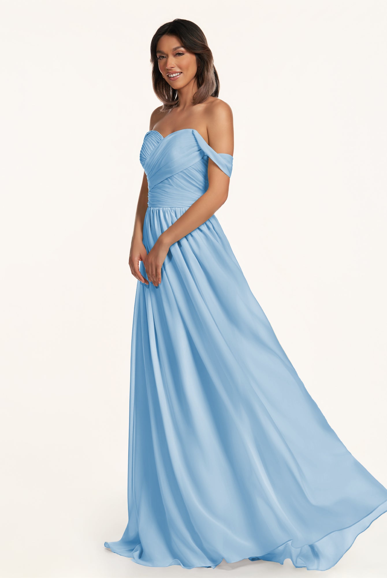 KissDress-Lia Steel Blue A Line Chiffon Off the Shoulder Long Bridesmaid Dress with Pleats