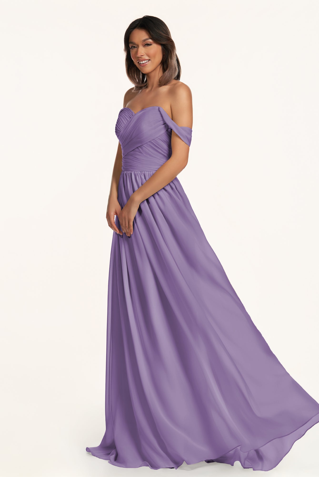 KissDress-Lia Tahiti A Line Chiffon Off the Shoulder Long Bridesmaid Dress with Pleats