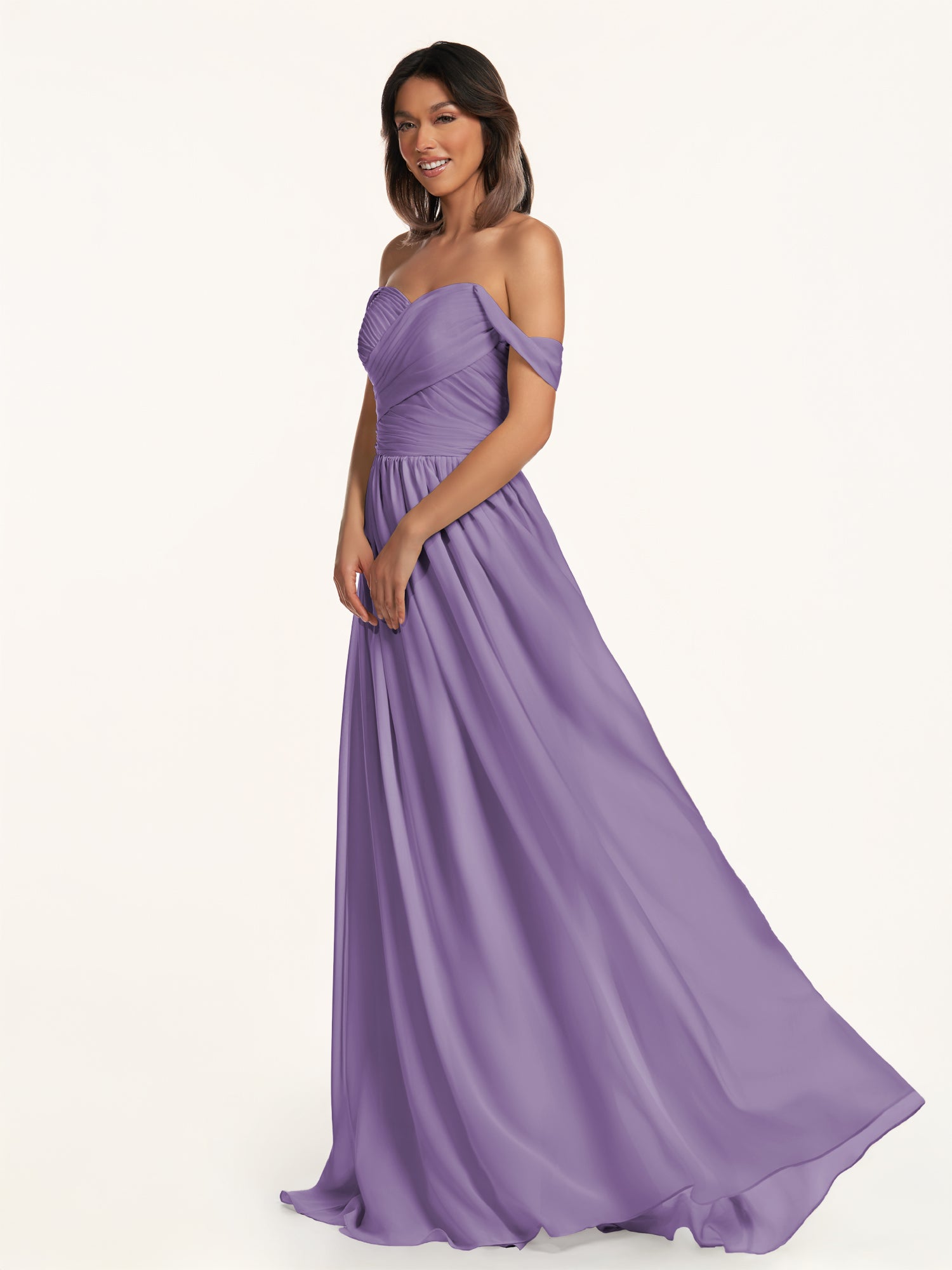 KissDress-Lia Tahiti A Line Chiffon Off the Shoulder Long Bridesmaid Dress with Pleats