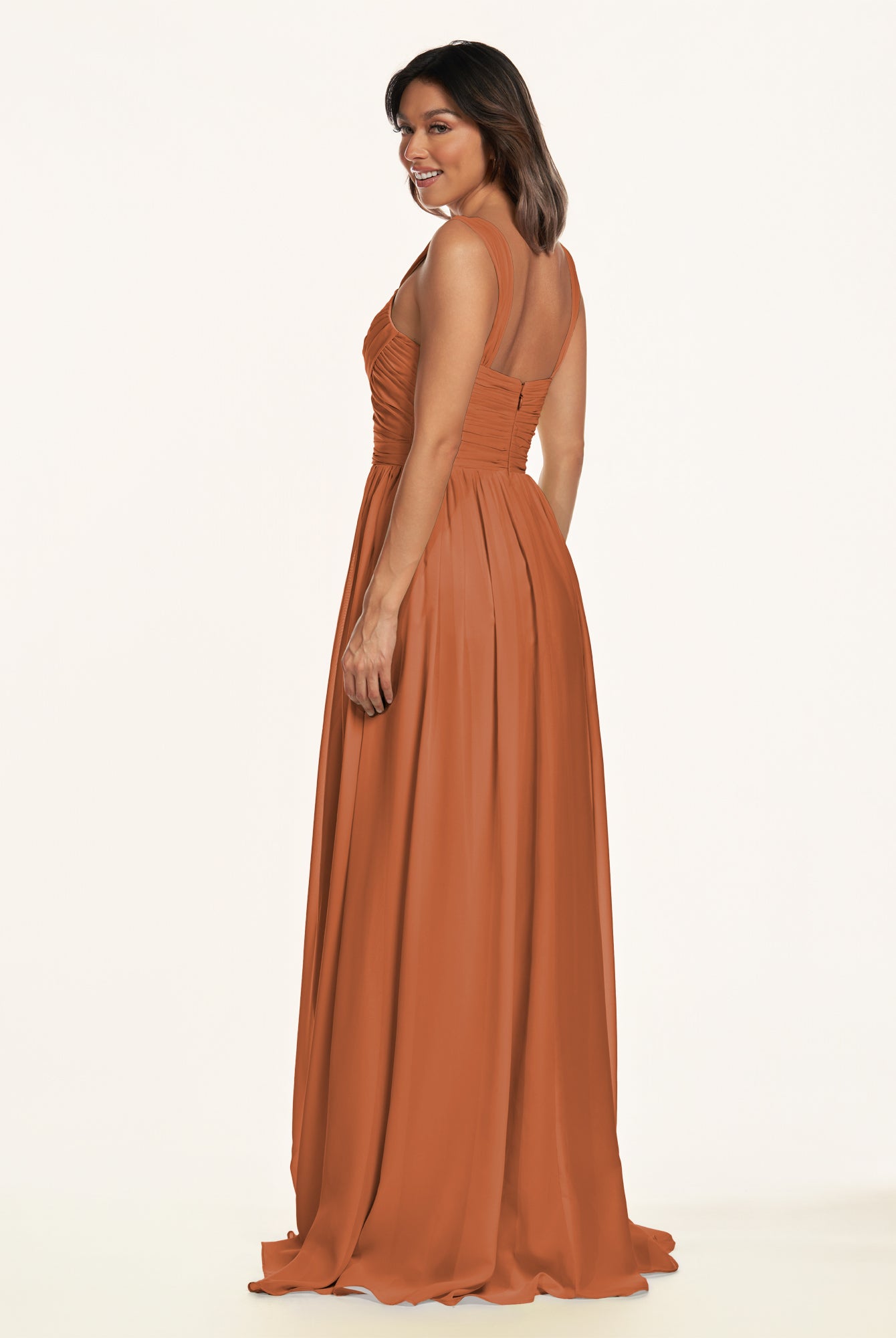 KissDress-Lia Terracotta A Line Chiffon Off the Shoulder Long Bridesmaid Dress with Pleats