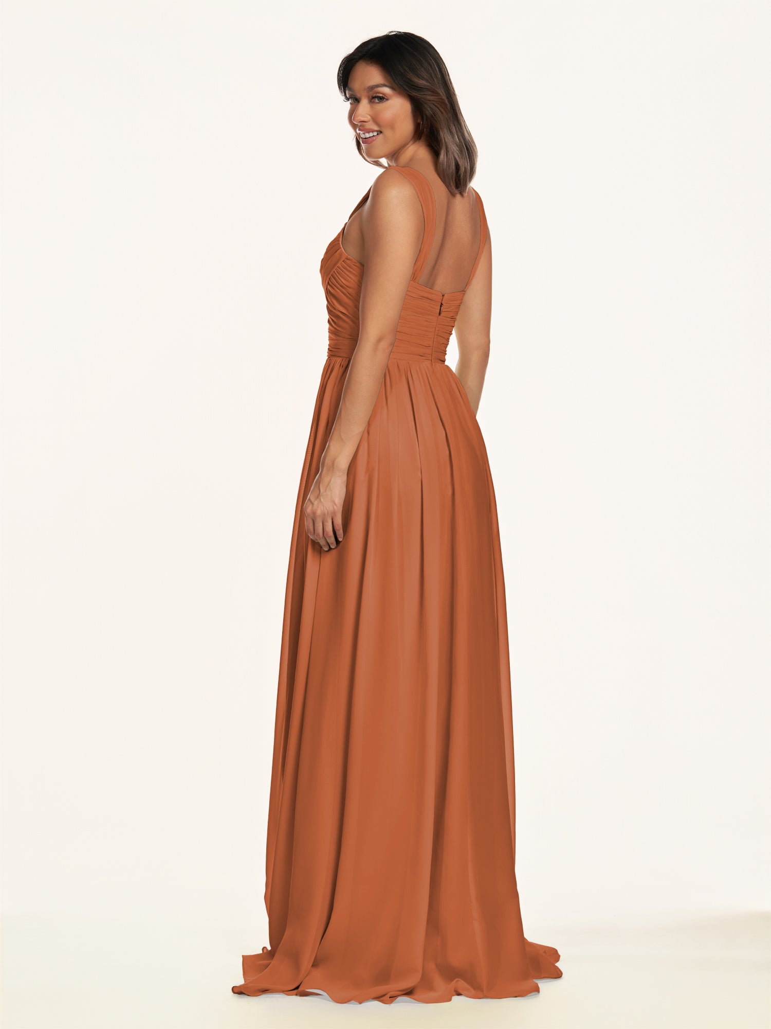 KissDress-Lia Terracotta A Line Chiffon Off the Shoulder Long Bridesmaid Dress with Pleats