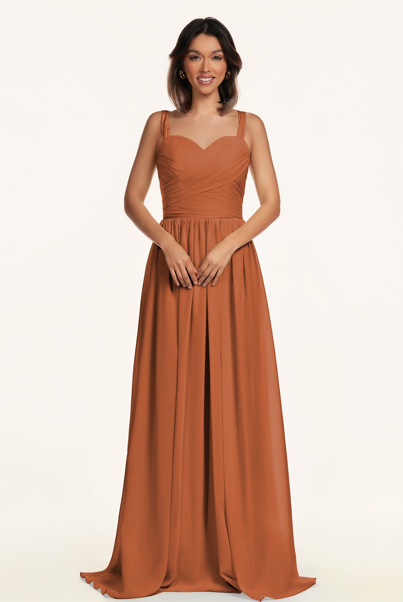 KissDress-Lia Terracotta A Line Chiffon Off the Shoulder Long Bridesmaid Dress with Pleats