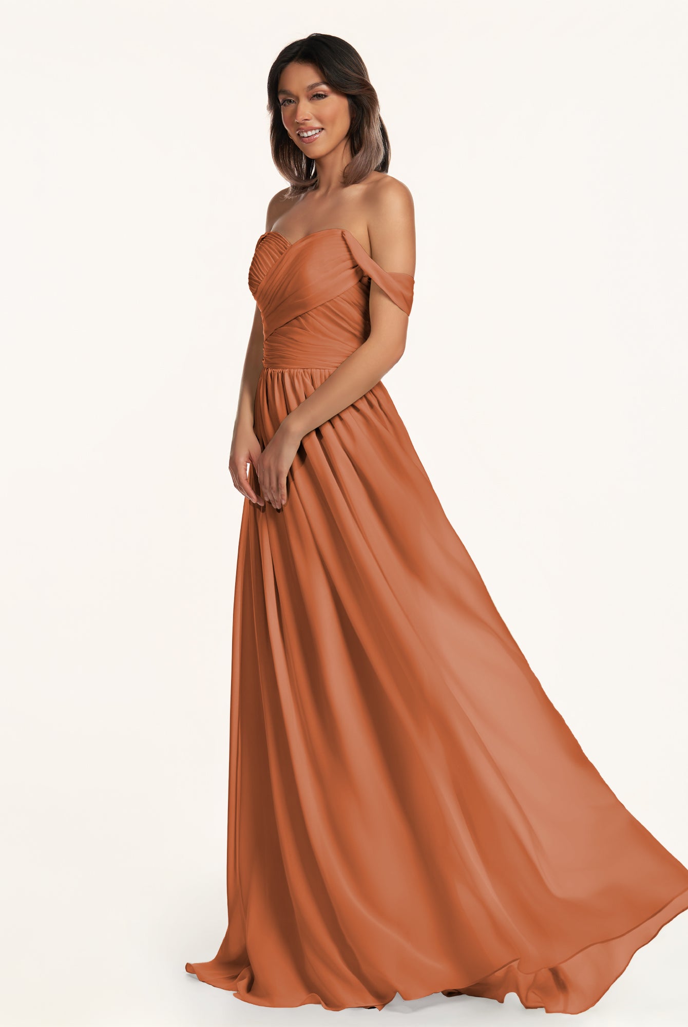 KissDress-Lia Terracotta A Line Chiffon Off the Shoulder Long Bridesmaid Dress with Pleats