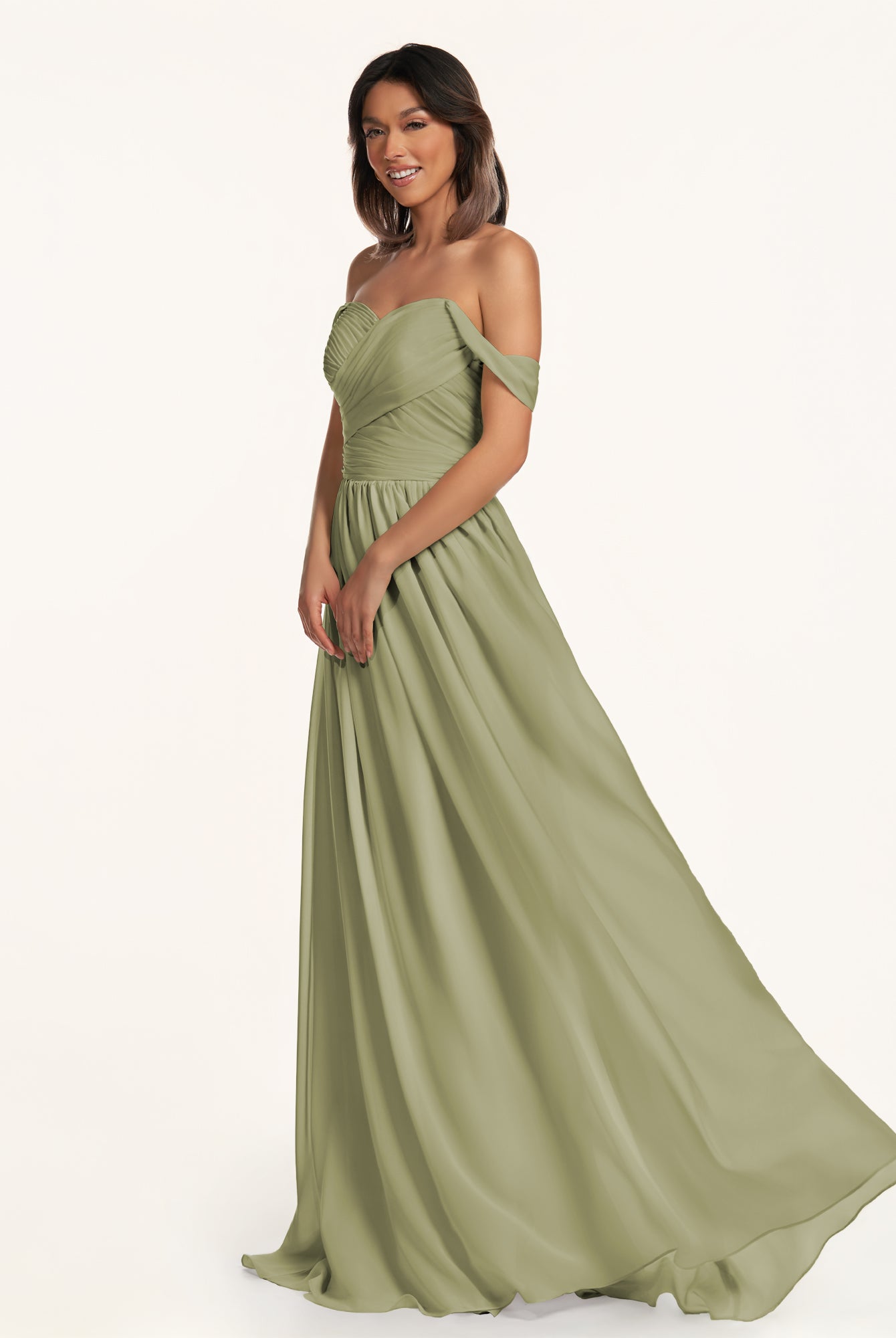 KissDress-Lia Thyme A Line Chiffon Off the Shoulder Long Bridesmaid Dress with Pleats