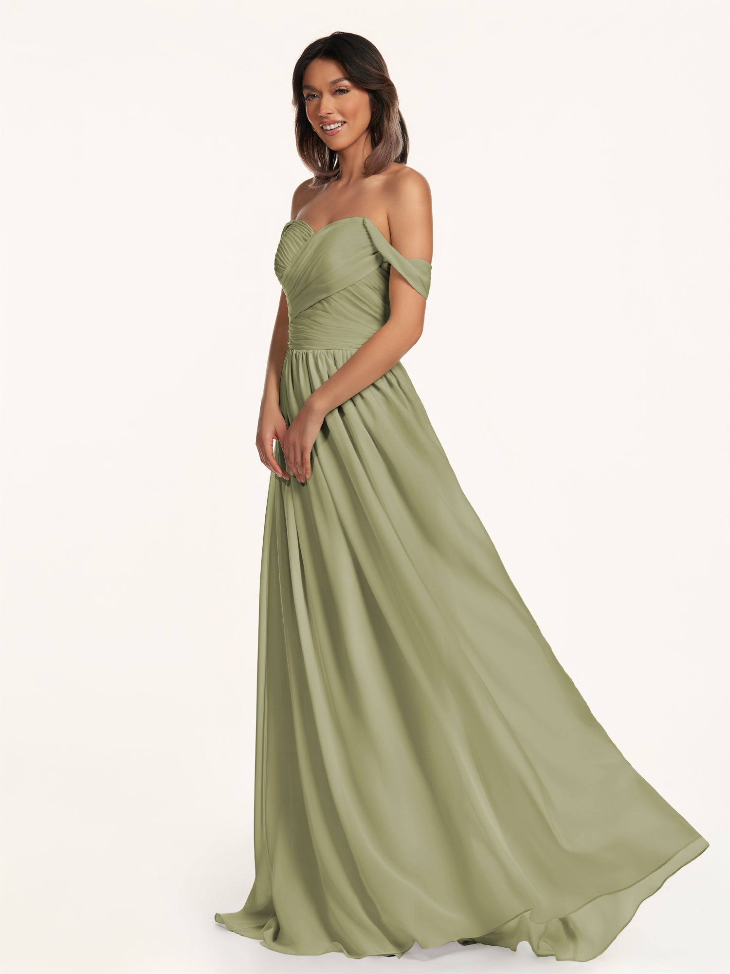KissDress-Lia Thyme A Line Chiffon Off the Shoulder Long Bridesmaid Dress with Pleats