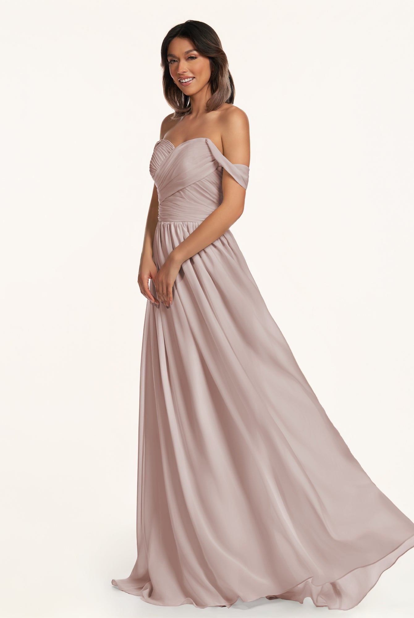 KissDress-Lia Toffee A Line Chiffon Off the Shoulder Long Bridesmaid Dress with Pleats