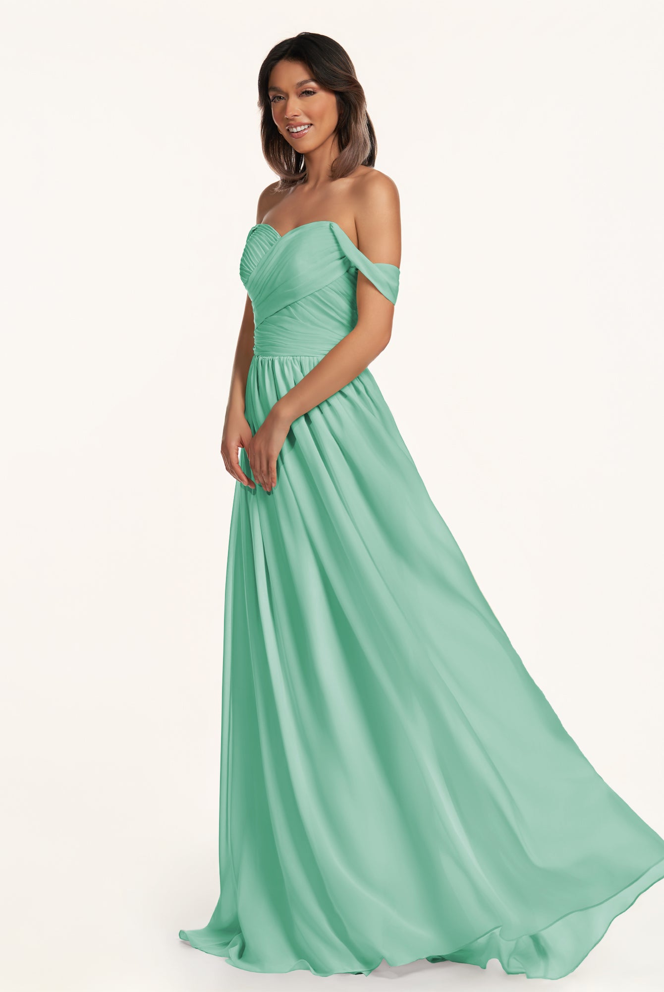 KissDress-Lia Turquoise A Line Chiffon Off the Shoulder Long Bridesmaid Dress with Pleats