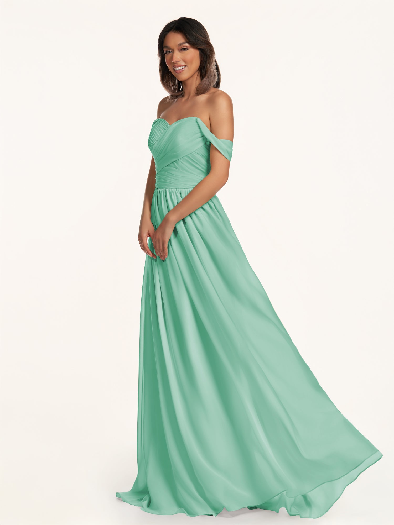 KissDress-Lia Turquoise A Line Chiffon Off the Shoulder Long Bridesmaid Dress with Pleats