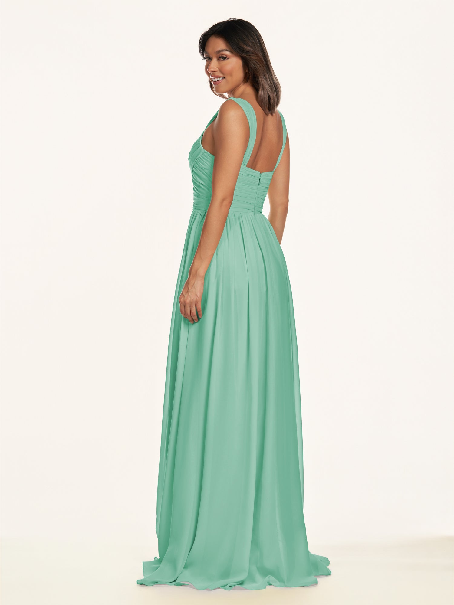 KissDress-Lia Turquoise A Line Chiffon Off the Shoulder Long Bridesmaid Dress with Pleats