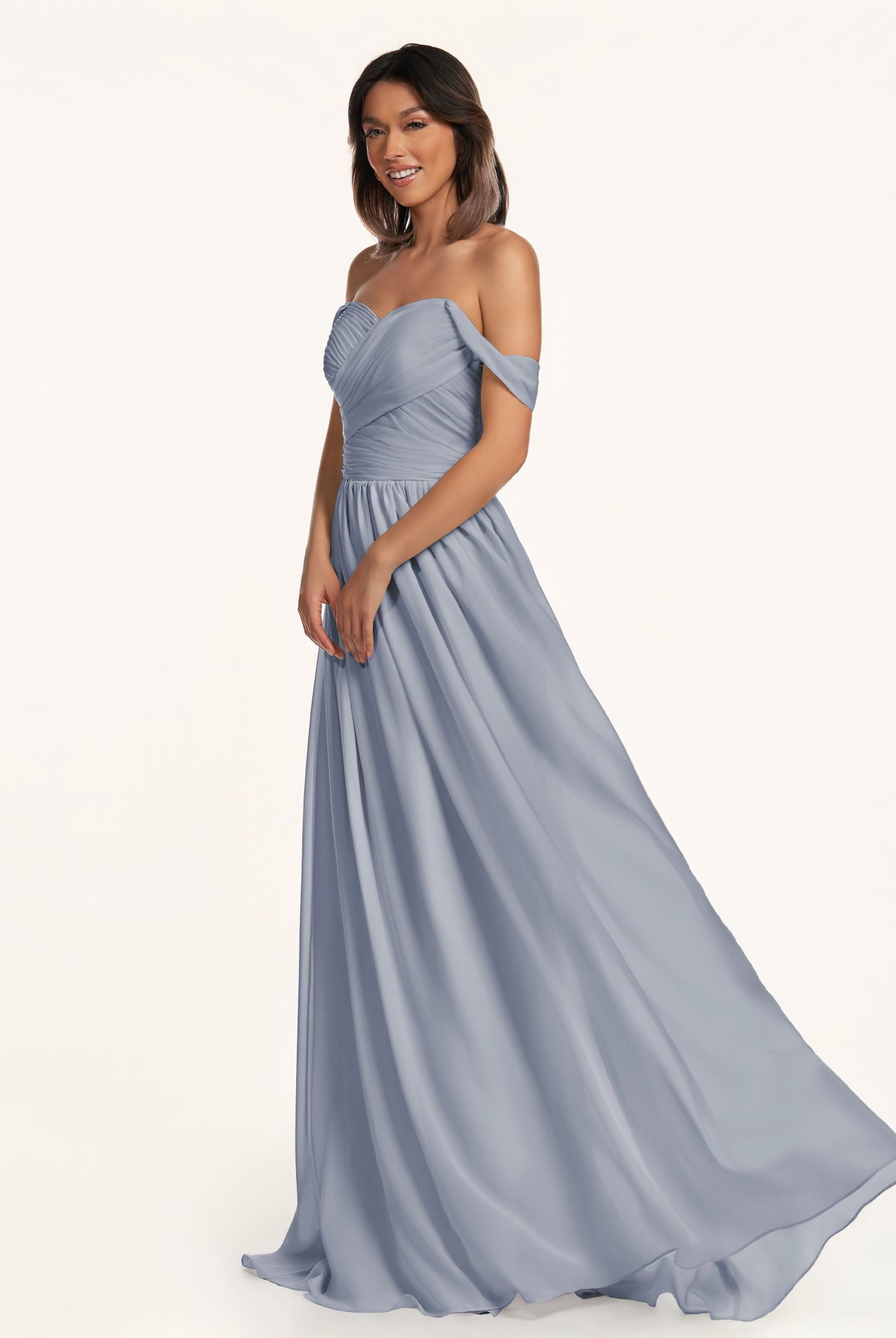 KissDress-Lia Twilight A Line Chiffon Off the Shoulder Long Bridesmaid Dress with Pleats