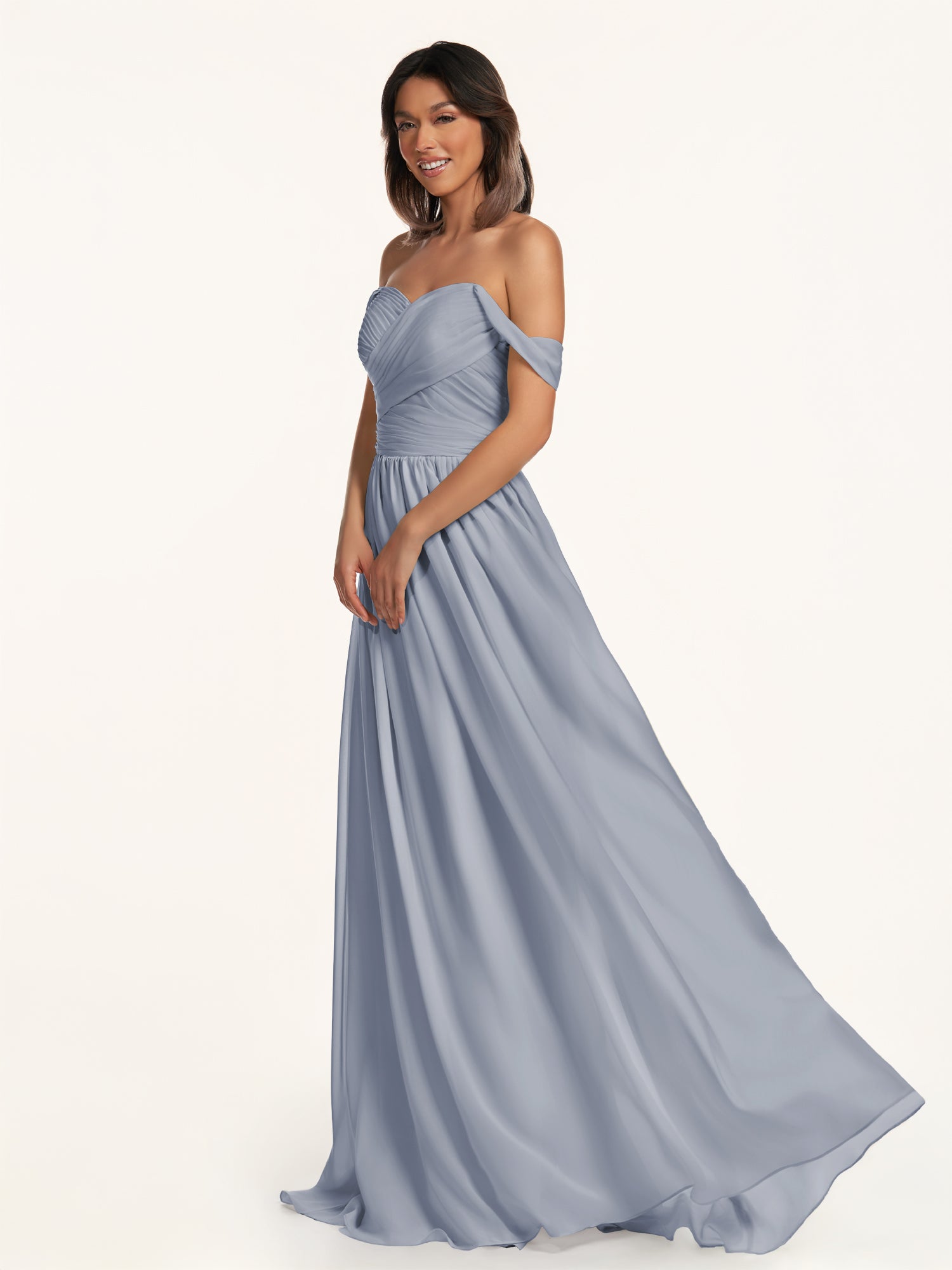 KissDress-Lia Twilight A Line Chiffon Off the Shoulder Long Bridesmaid Dress with Pleats