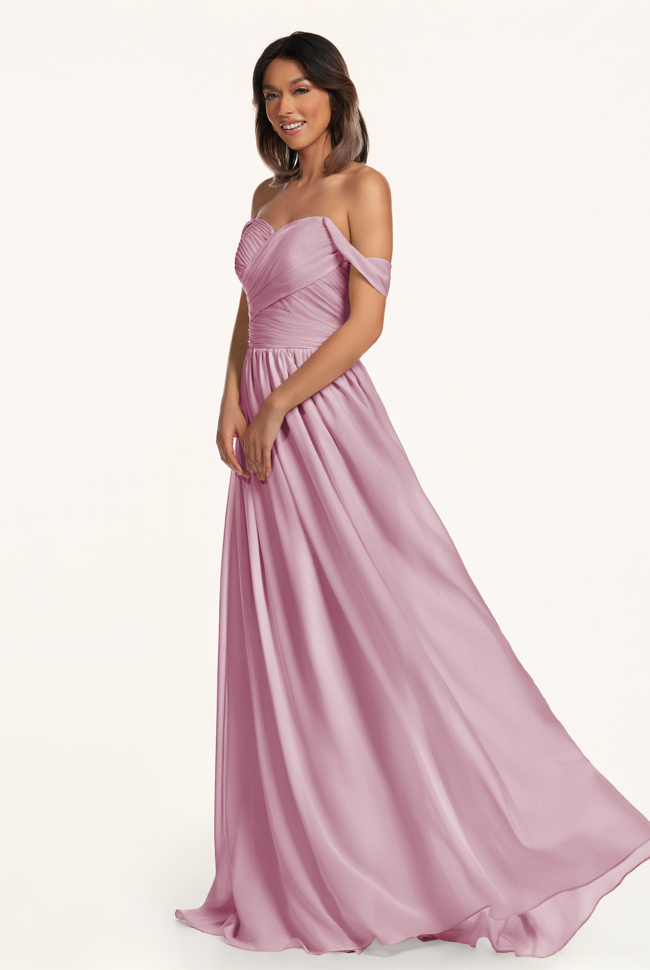 KissDress-Lia Vintage Mauve A Line Chiffon Off the Shoulder Long Bridesmaid Dress with Pleats