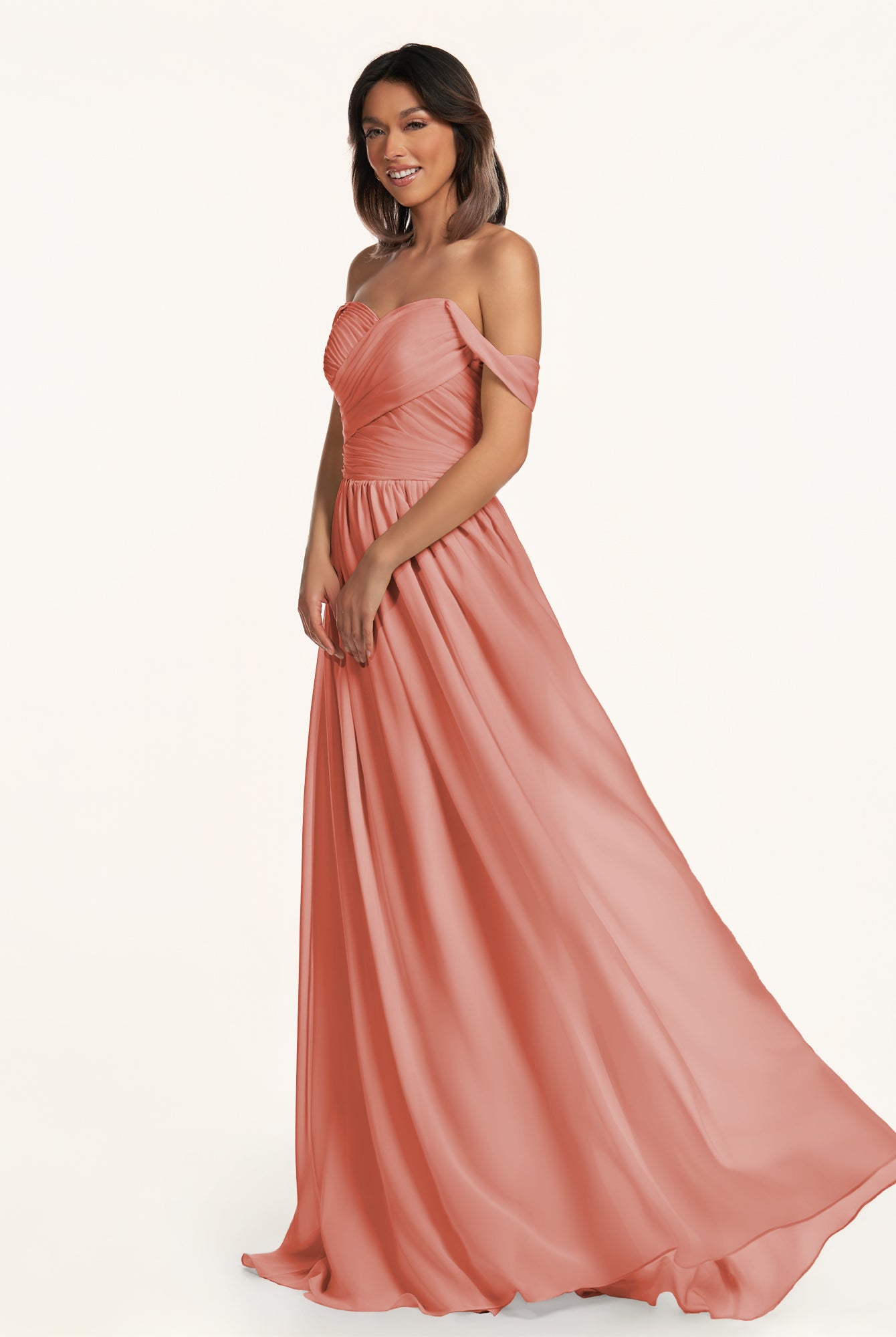 KissDress-Lia Wild Rose A Line Chiffon Off the Shoulder Long Bridesmaid Dress with Pleats