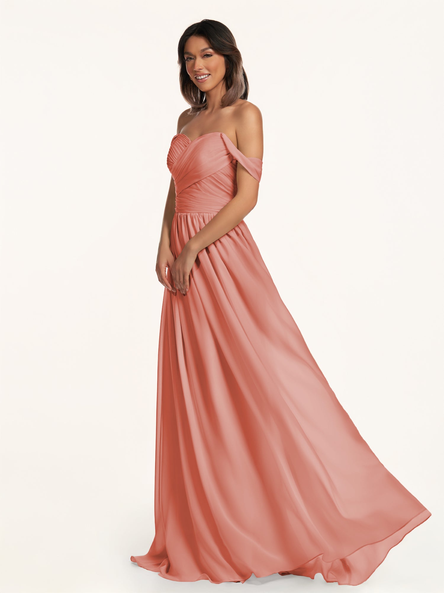 KissDress-Lia Wild Rose A Line Chiffon Off the Shoulder Long Bridesmaid Dress with Pleats