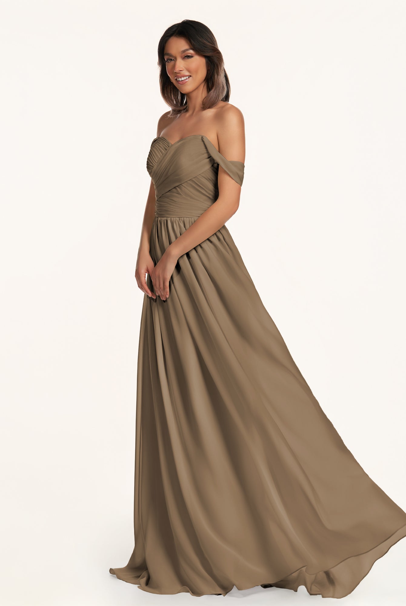 KissDress-Lia Willow Green A Line Chiffon Off the Shoulder Long Bridesmaid Dress with Pleats