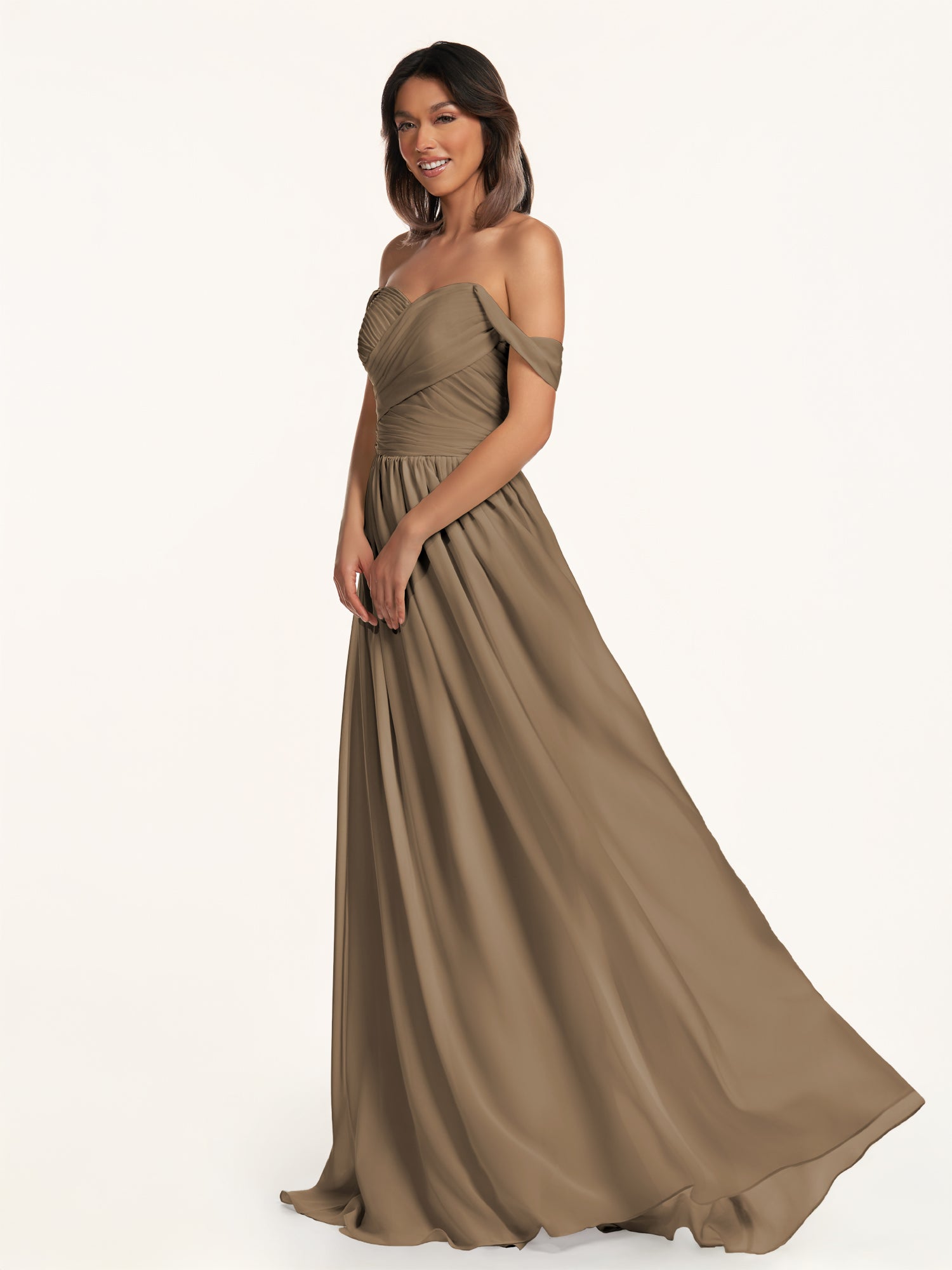 KissDress-Lia Willow Green A Line Chiffon Off the Shoulder Long Bridesmaid Dress with Pleats
