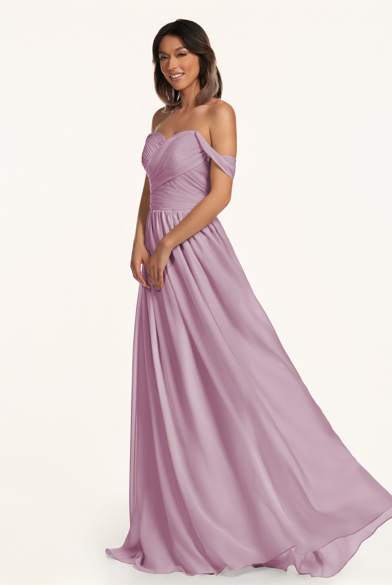 KissDress-Lia Wisteria A Line Chiffon Off the Shoulder Long Bridesmaid Dress with Pleats