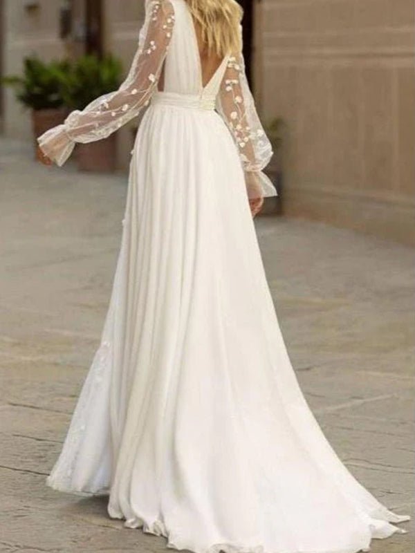KissDress-Long Sleeve Boho Flowy Wedding Dress Lace A-Line V-Neck Beach Gown with Split Front and Sweep Train