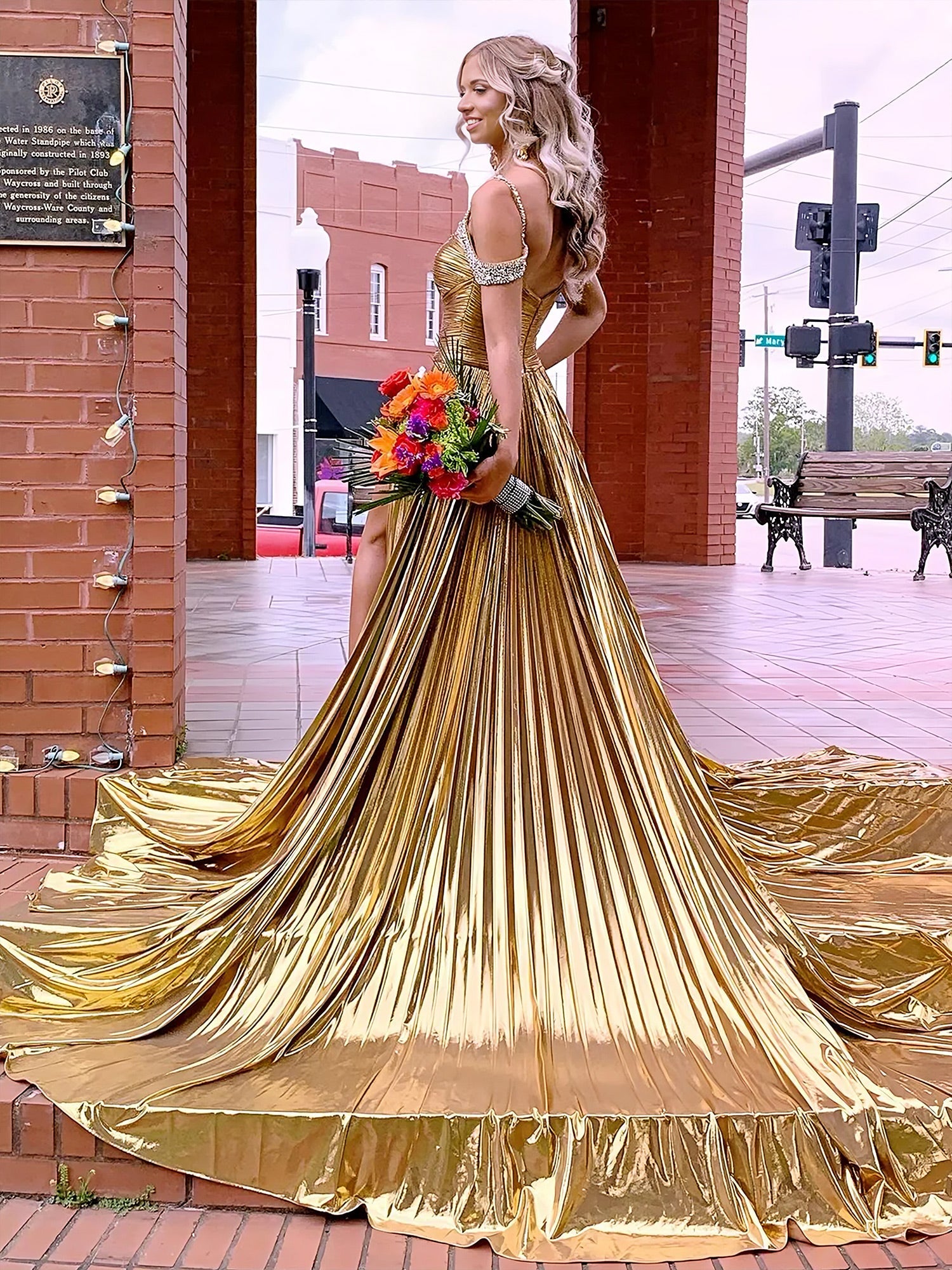 Off the Shoulder Gold A-Line Metallic Pleated Long Formal Gown