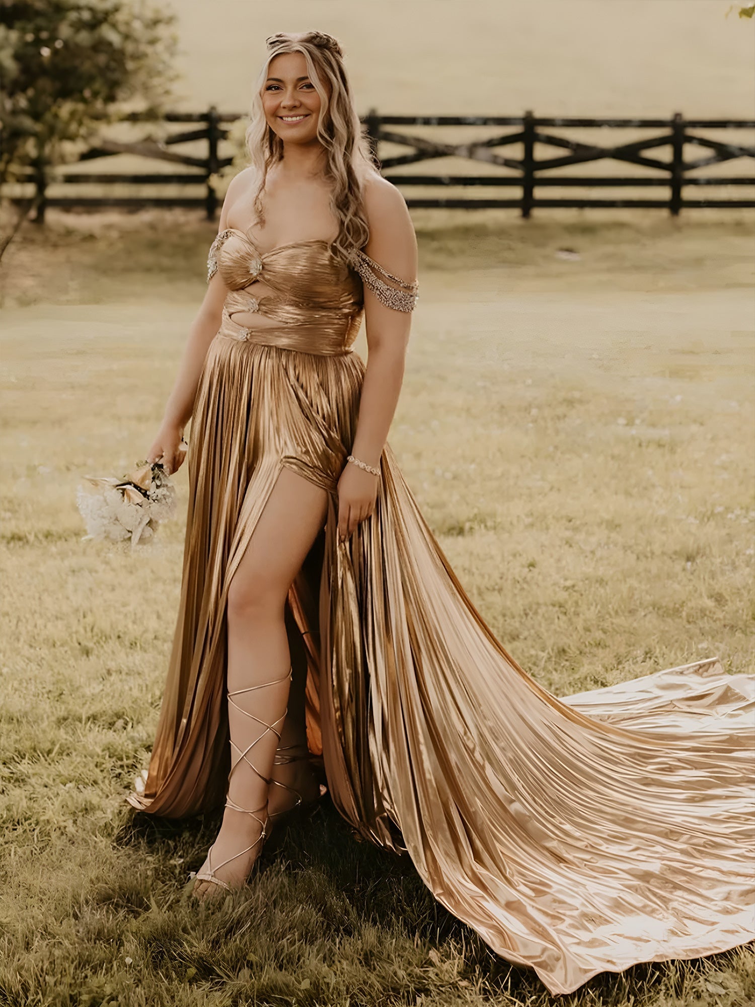 Off the Shoulder Gold A-Line Metallic Pleated Long Formal Gown