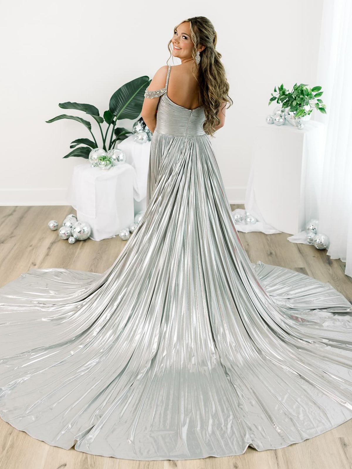 Off the Shoulder Gold A-Line Metallic Pleated Long Formal Gown